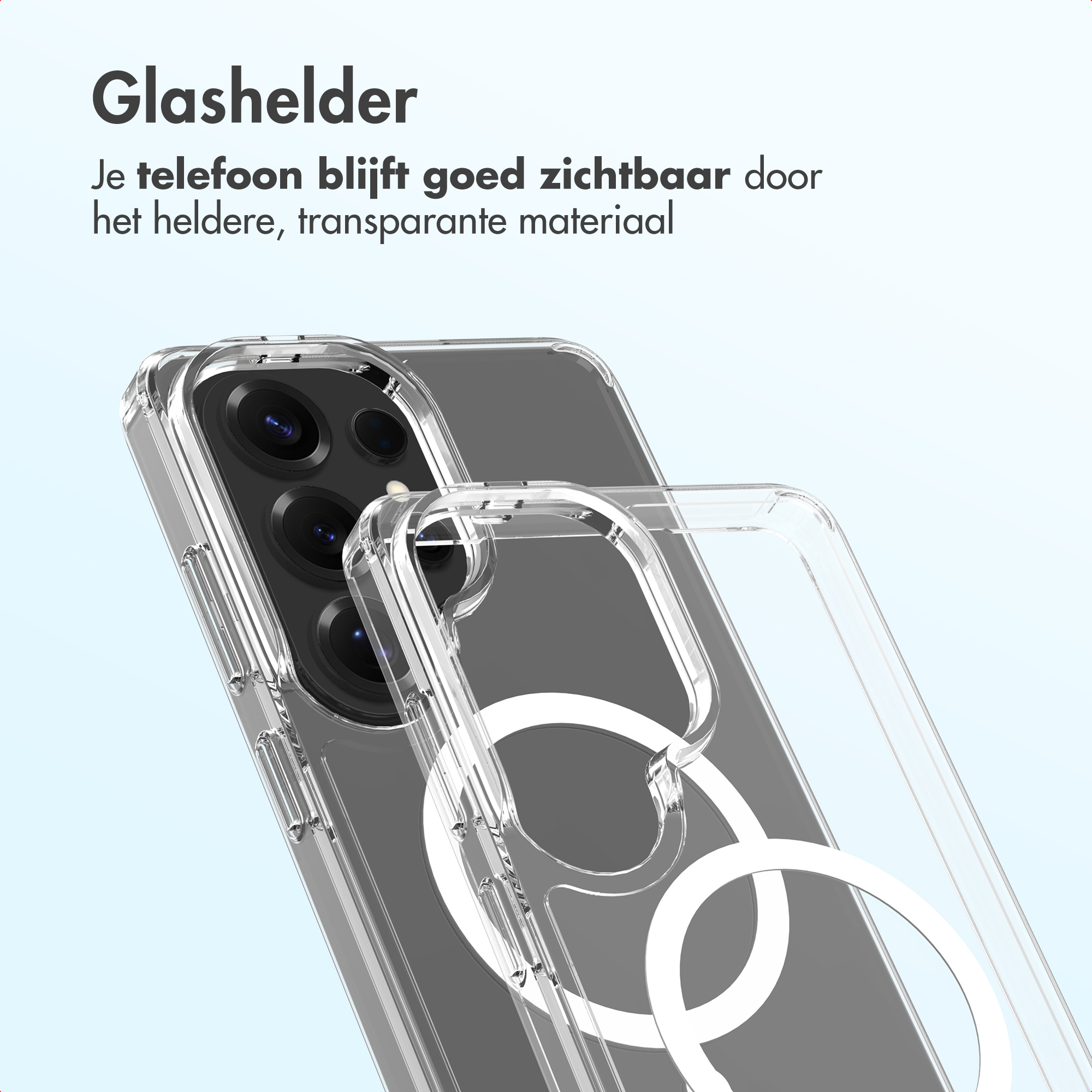 Transparante telefoonhoes toont cameralenzen en een magnetische ring.