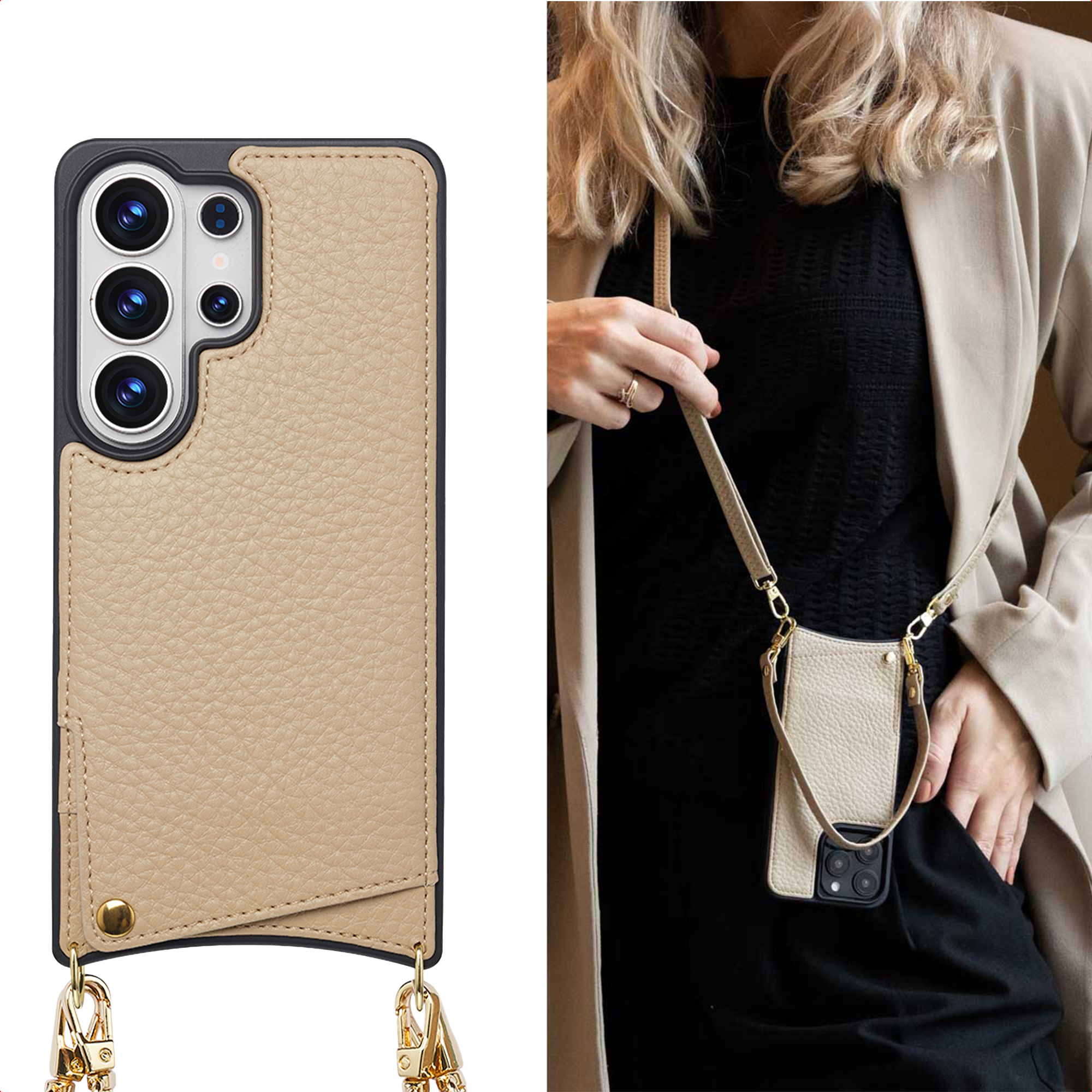 Lichtbruine leren telefoonhoes met crossbodyband en gouden hardware.