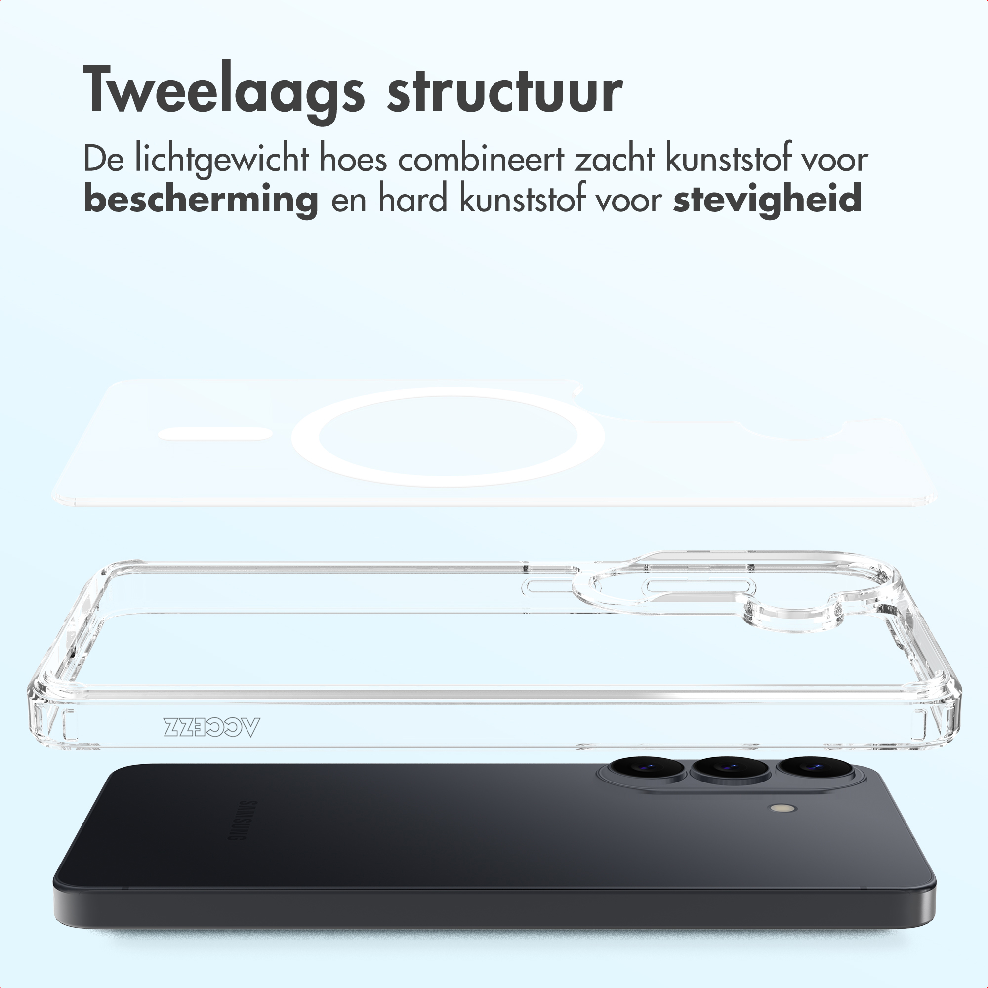 Transparante telefoonhoes boven een zwarte smartphone.