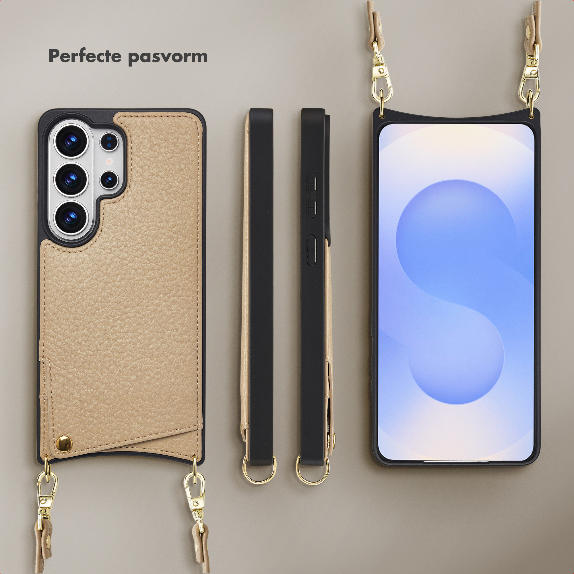 Telefoonhoesje met nekkoord: achterkant, zijaanzicht en voorkant.