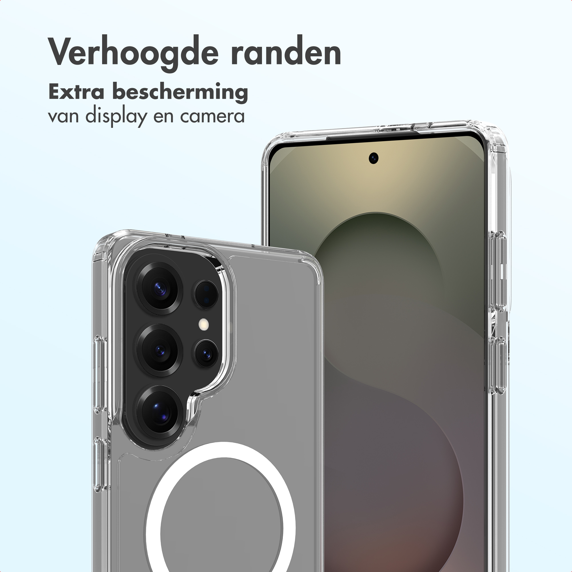 Een doorzichtige telefoonhoes met verhoogde randen ter bescherming van display en camera.