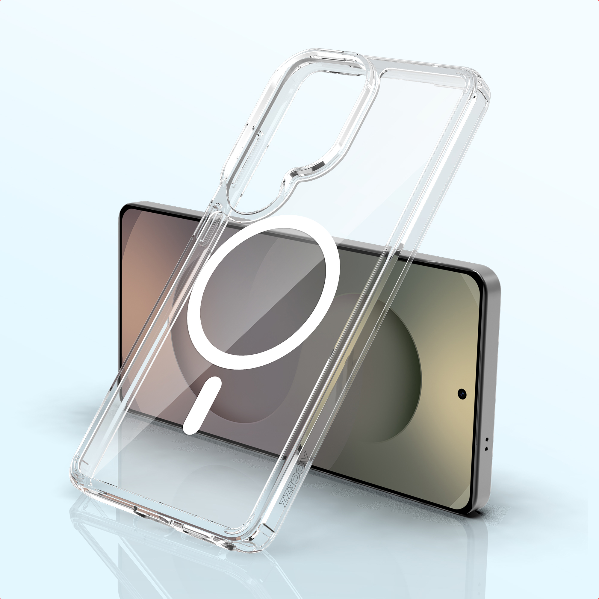 Transparante telefoonhoes met MagSafe-ring op een smartphone.