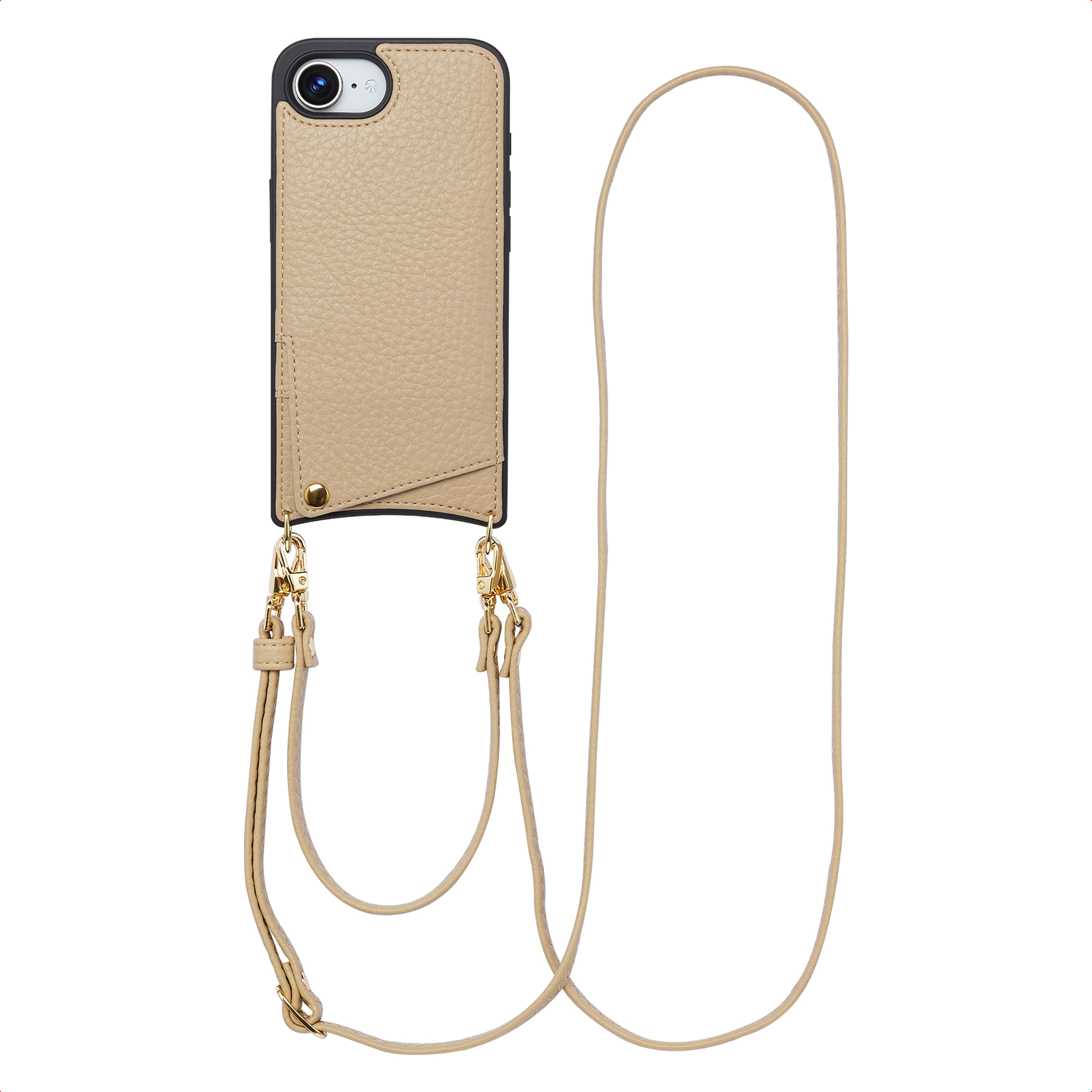 Une coque de téléphone en cuir fauve avec un long cordon et des détails dorés.