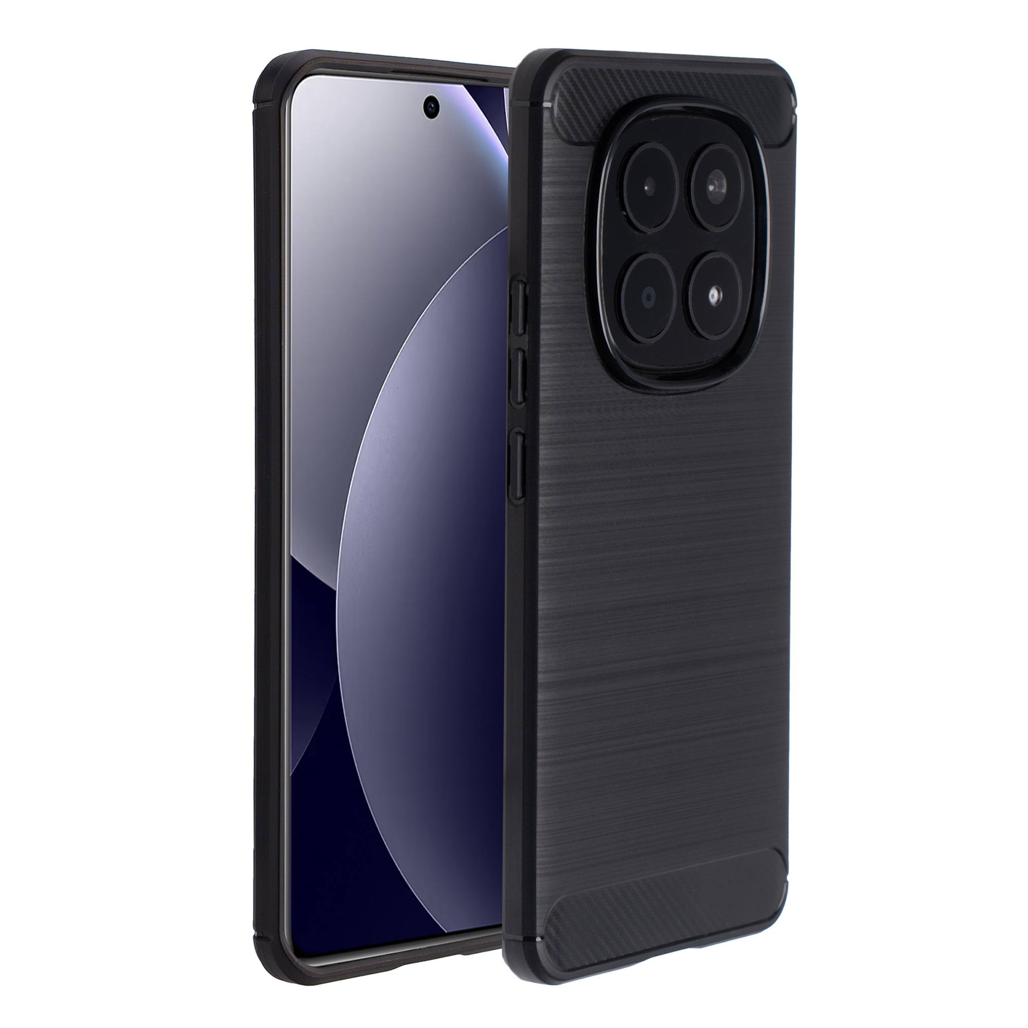 Zwarte smartphone in carbon hoes met vier camera's op witte achtergrond.