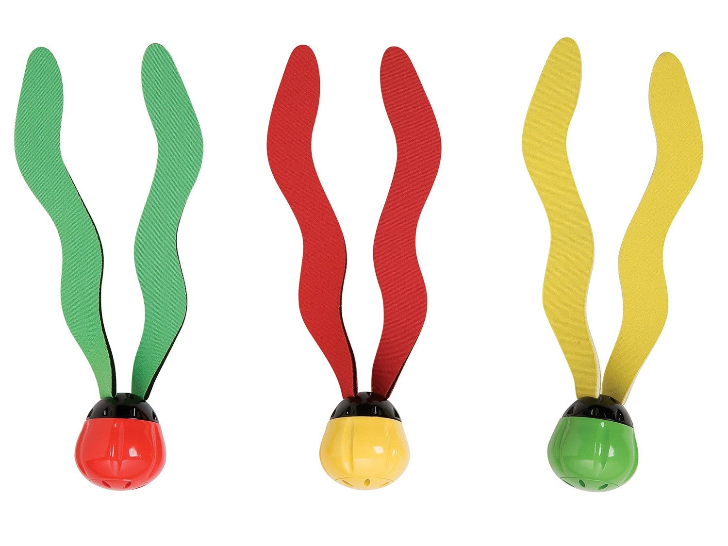 Tres juguetes coloridos con cintas onduladas: verde, rojo y amarillo.