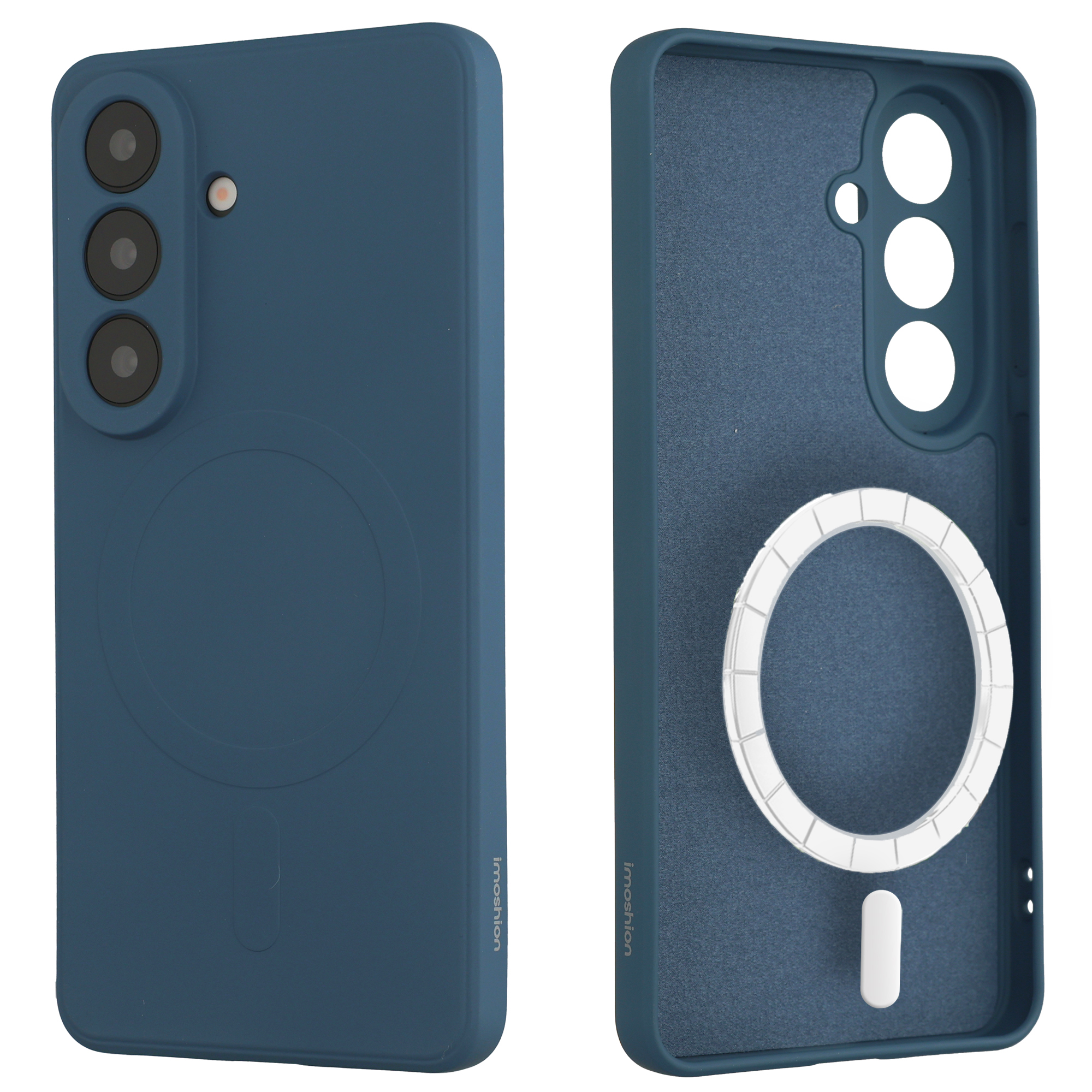 Blauw telefoonhoesje met drie camera's en magneetring. Binnenaanzicht.