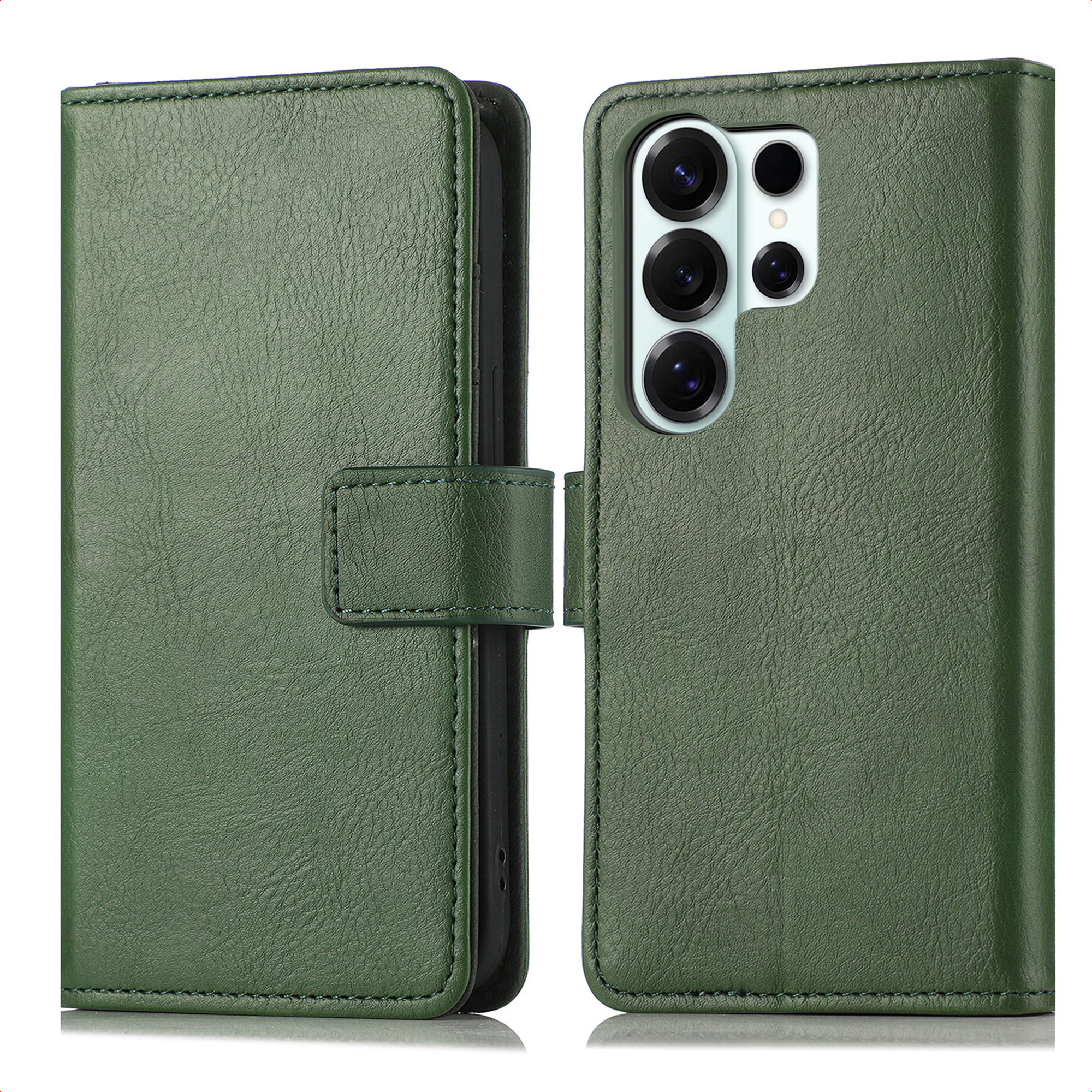 Étui en cuir vert pour téléphone avec trois caméras.