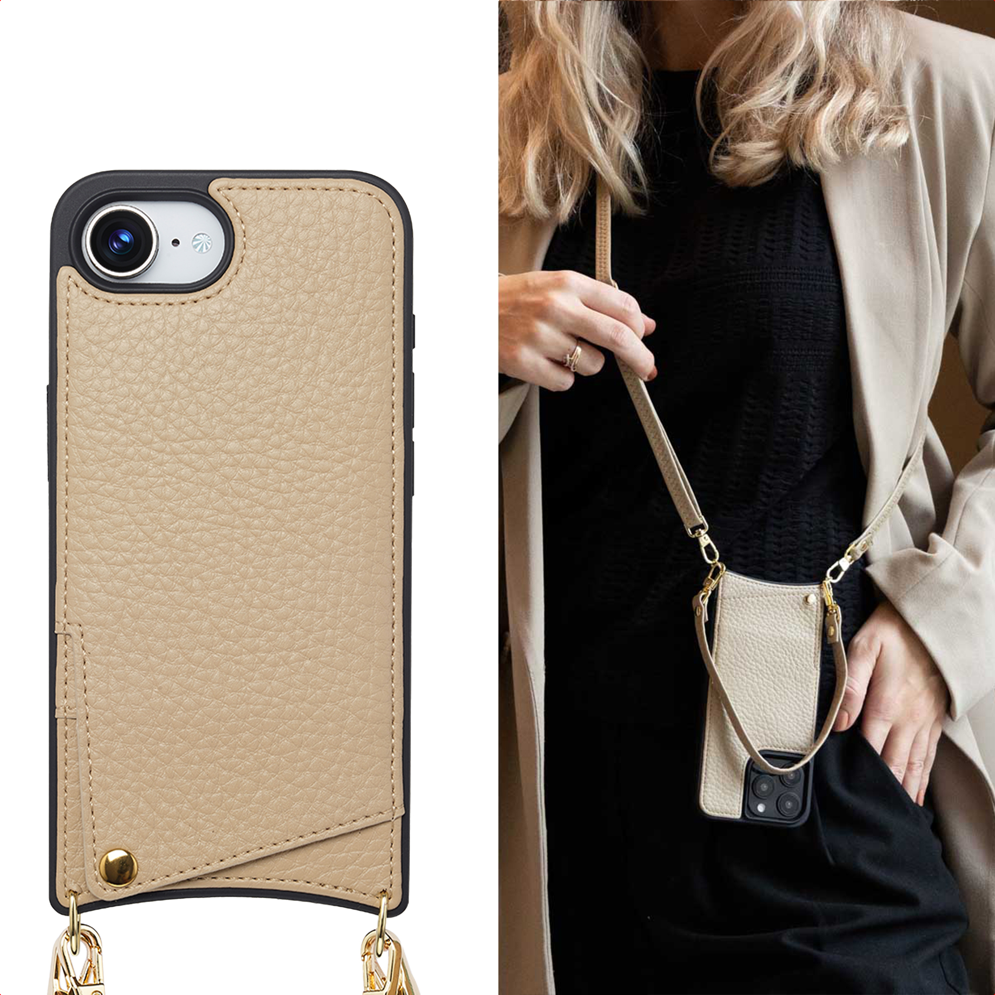 Coque de téléphone en cuir beige avec sangle, portée par une femme en manteau beige.
