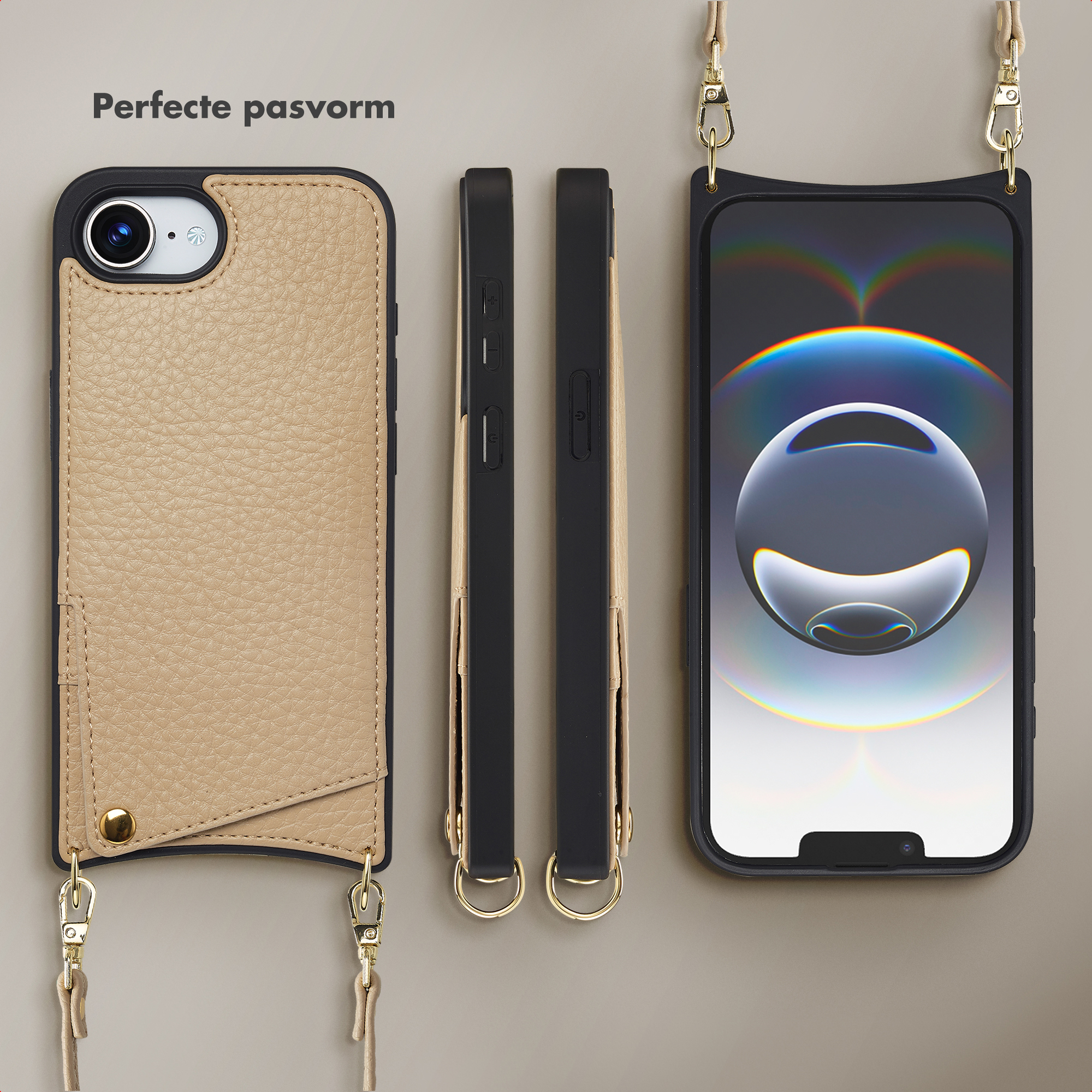 Une coque iPhone en cuir beige avec sangle et un iPhone dans la coque.