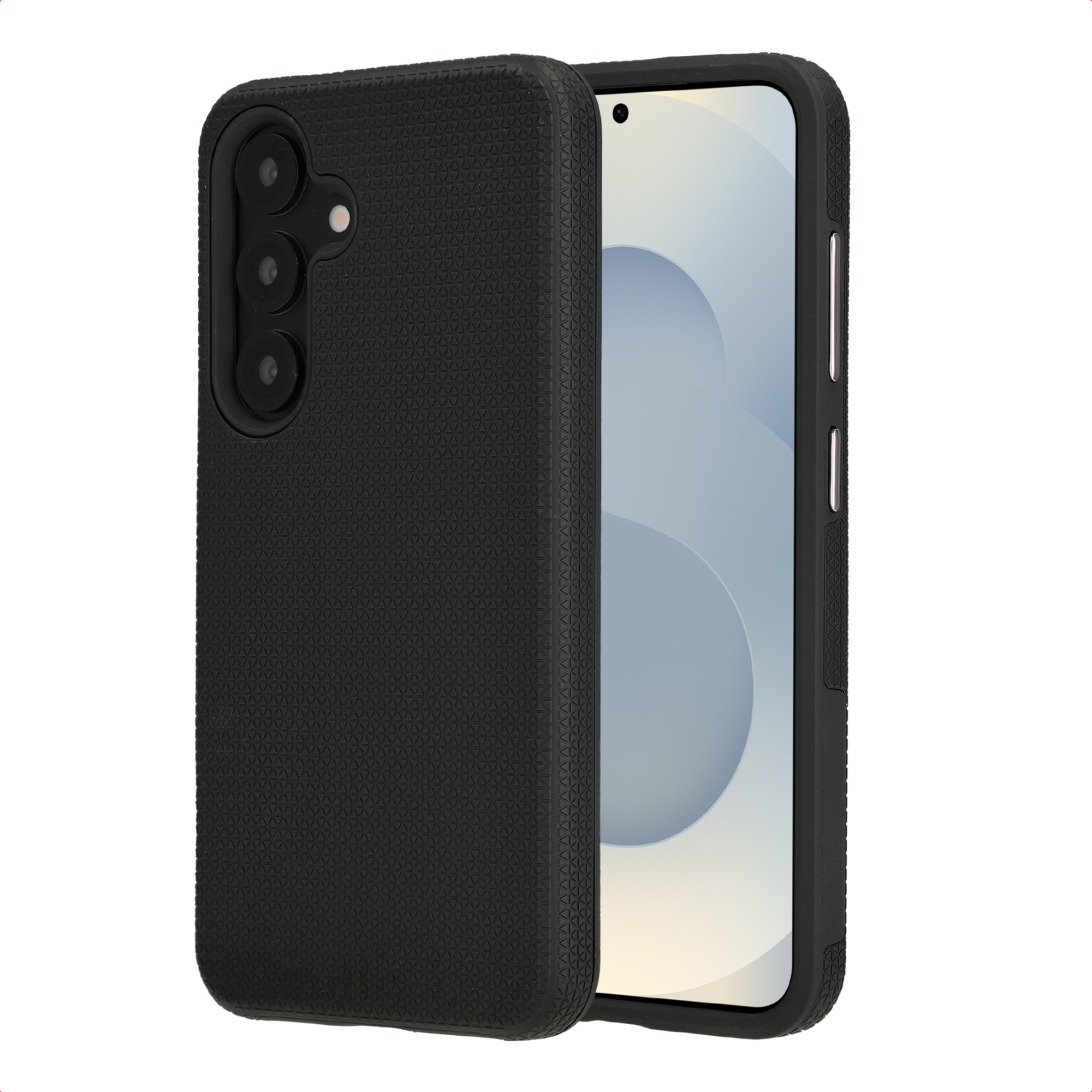 Telefono nero con tripla fotocamera e custodia protettiva.