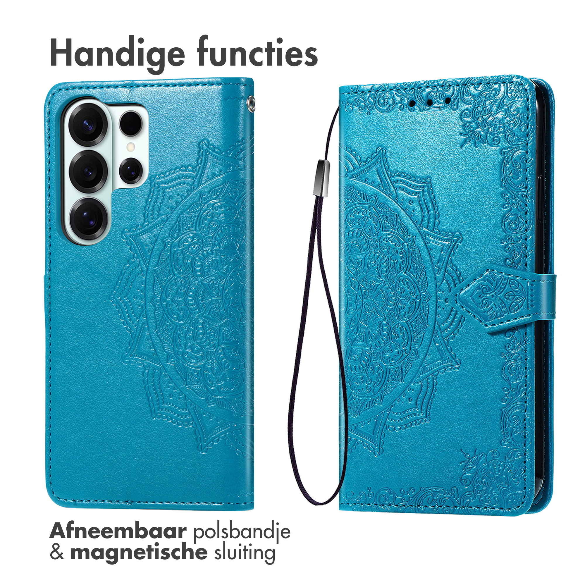 Blauwe boekstijl telefoonhoes met reliëf mandala, camera-uitsparing en bandje.