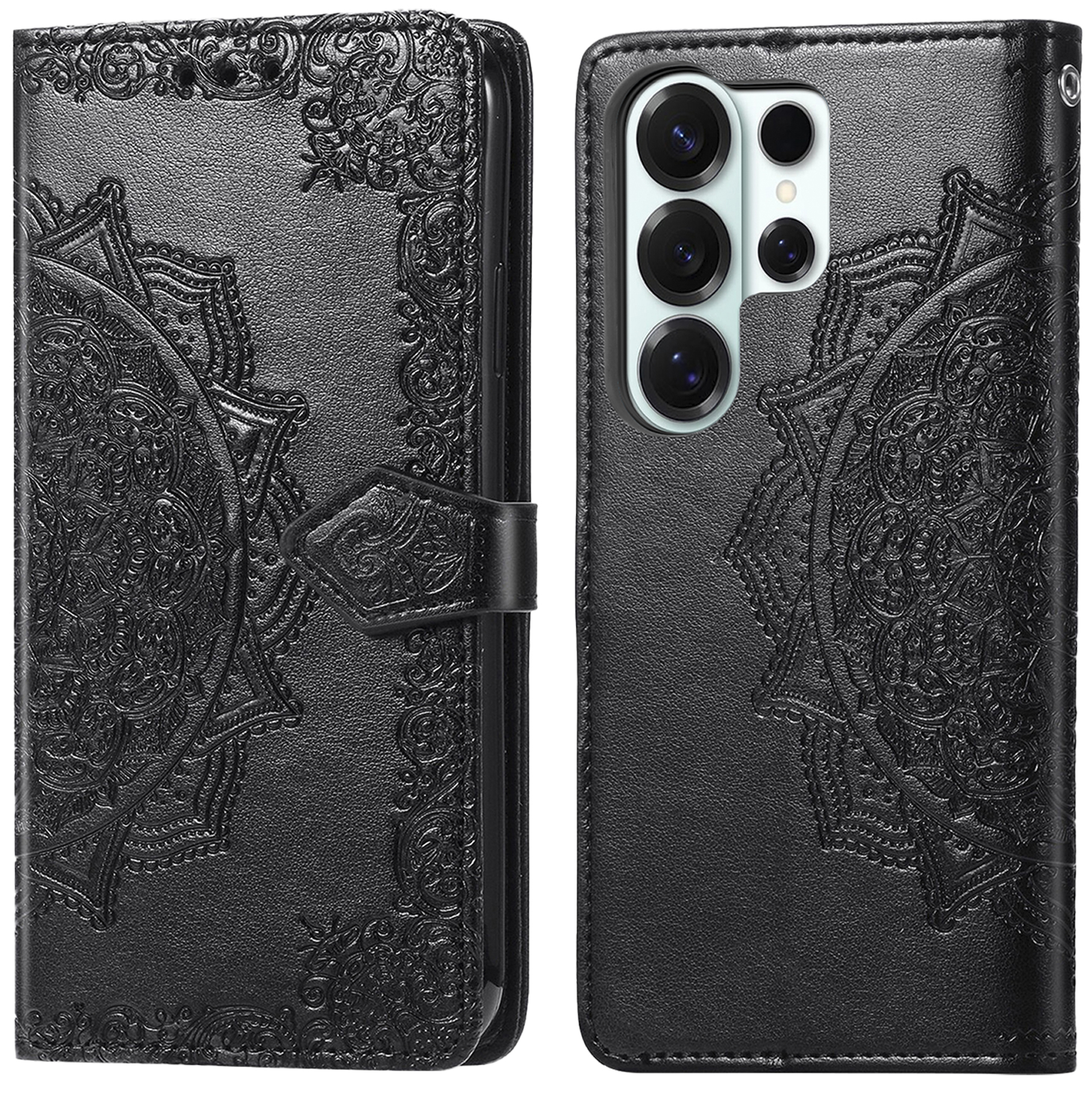 Zwarte lederen telefoonhoes met mandala-reliëf. Links gesloten, rechts open.