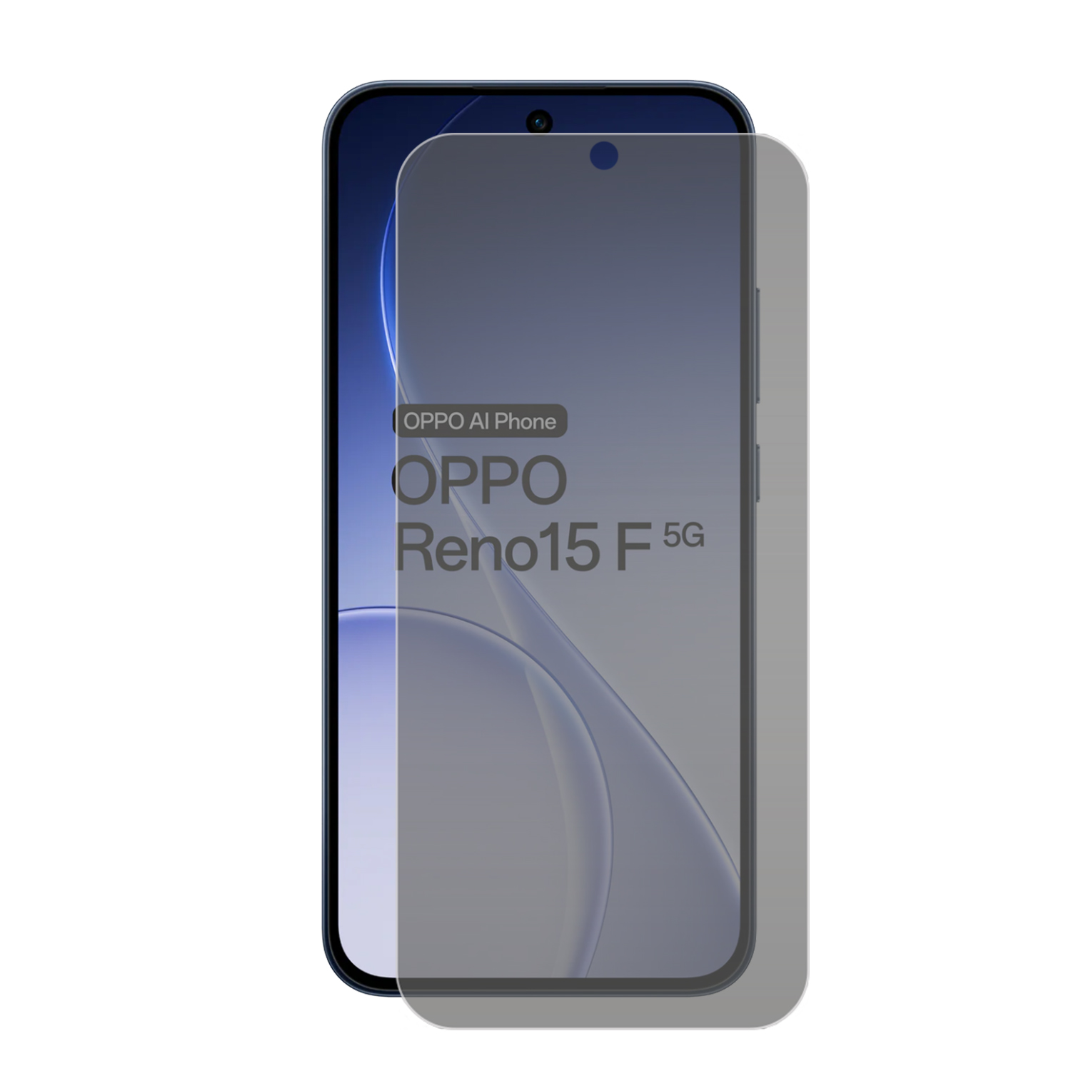 Un protecteur d'écran sombre recouvre un téléphone Oppo Reno 15 5G bleu.