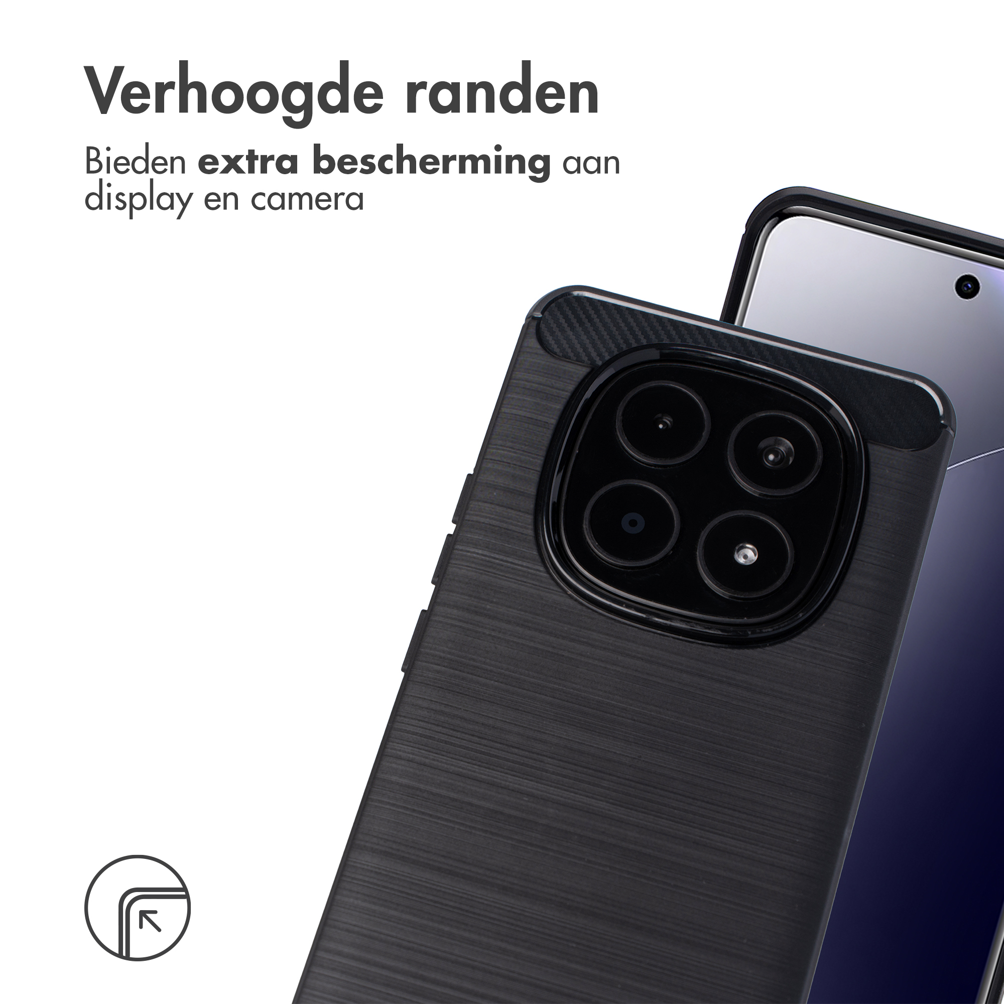 Zwarte telefoon met verhoogde randen, camera en extra bescherming.