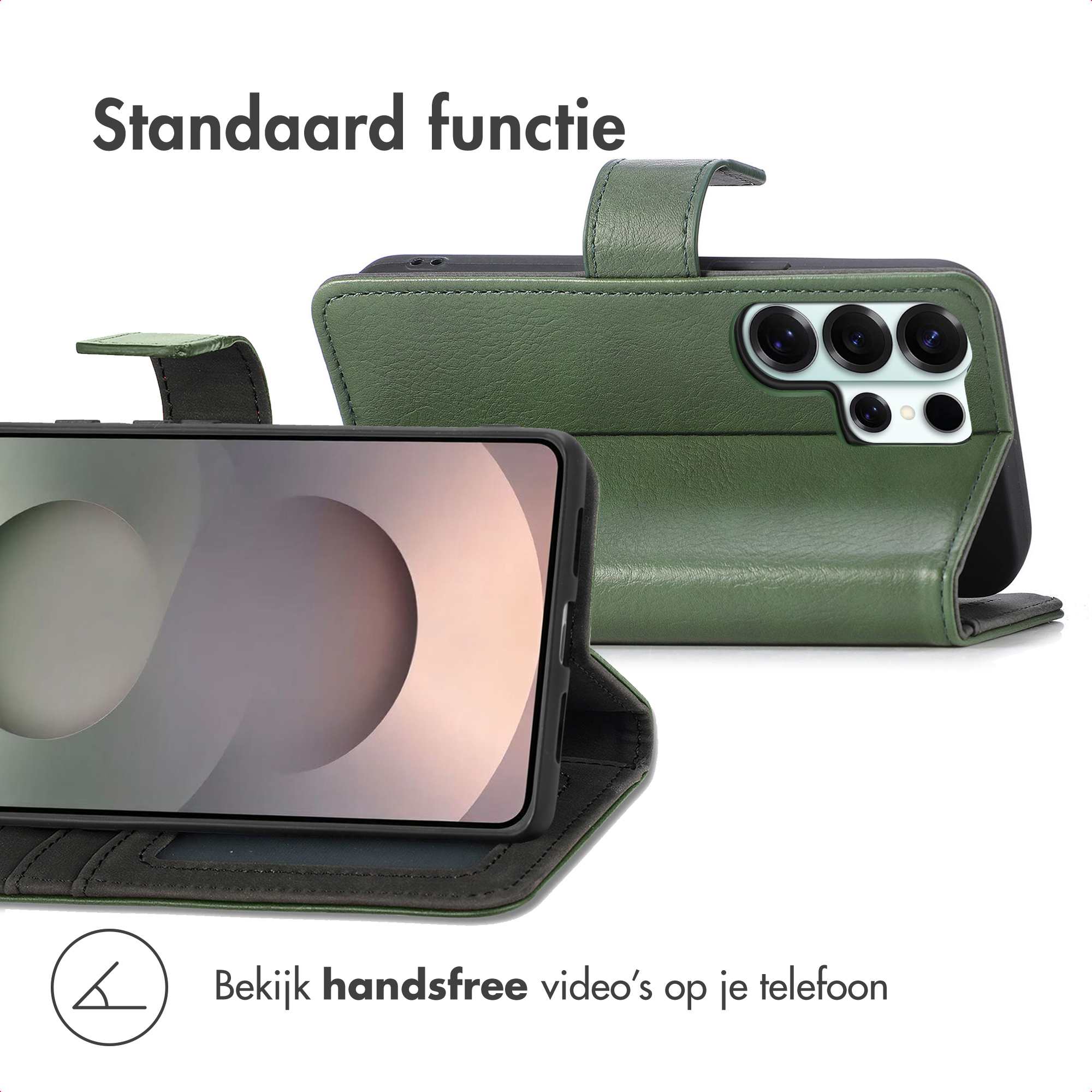 Étui de téléphone vert ouvert, montrant caméra et écran. Fonction support.