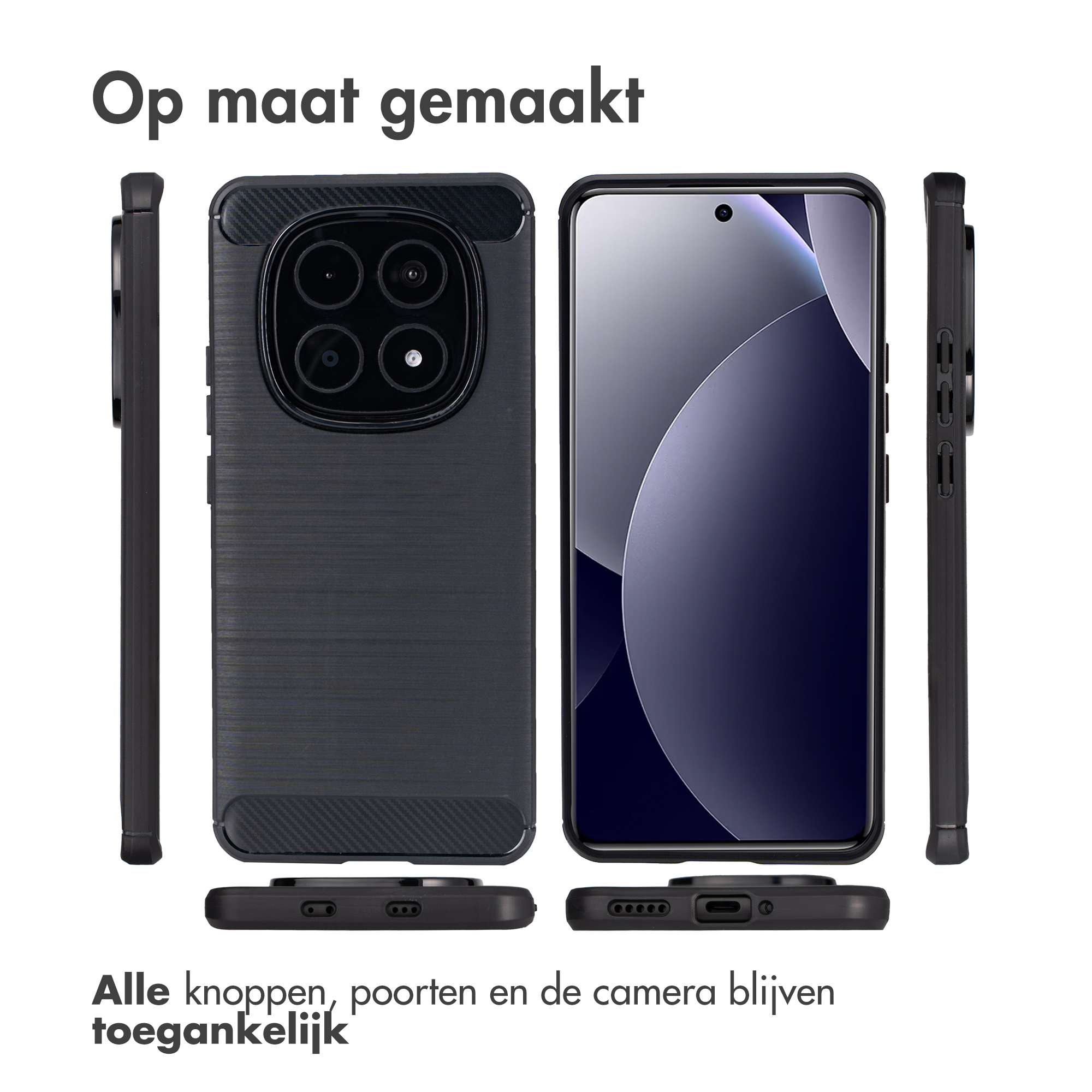 Zwarte telefoonhoes met camera-uitsparing en zijknopen. Witte achtergrond.