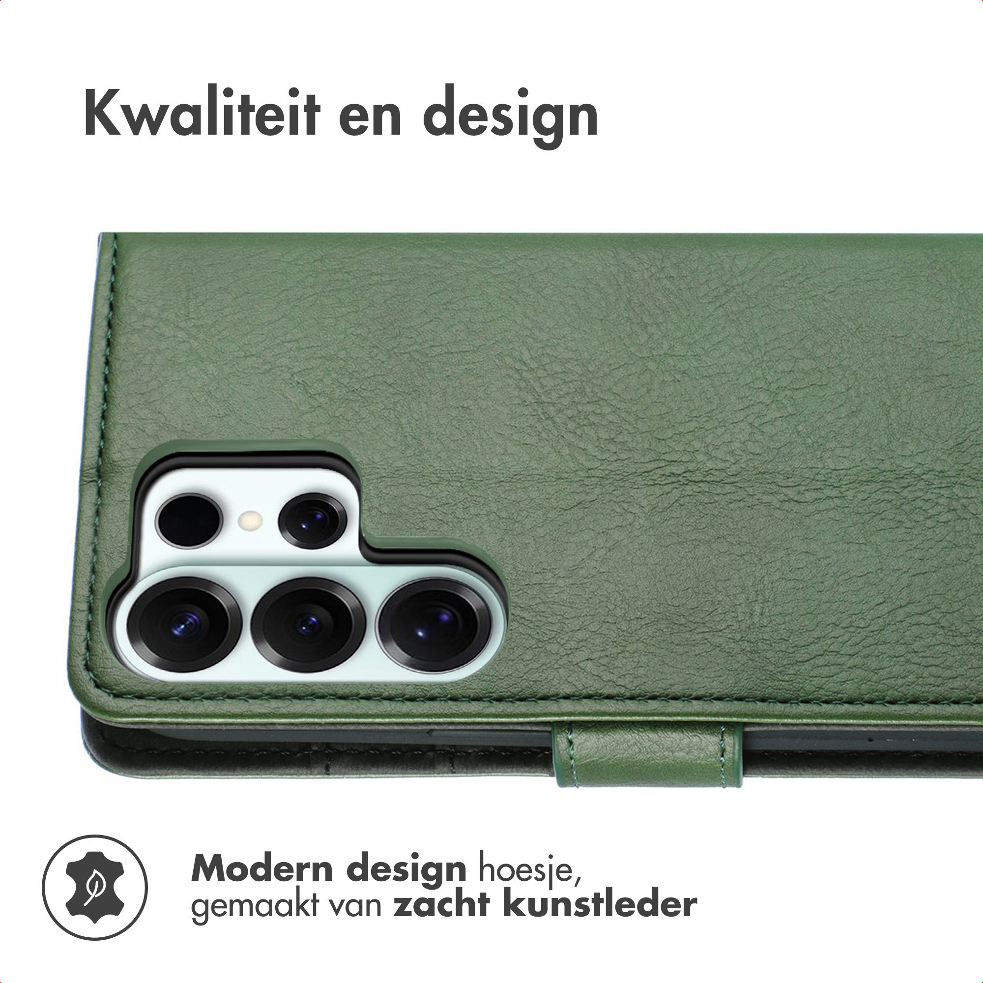 Étui de téléphone vert en similicuir avec module caméra et texte.