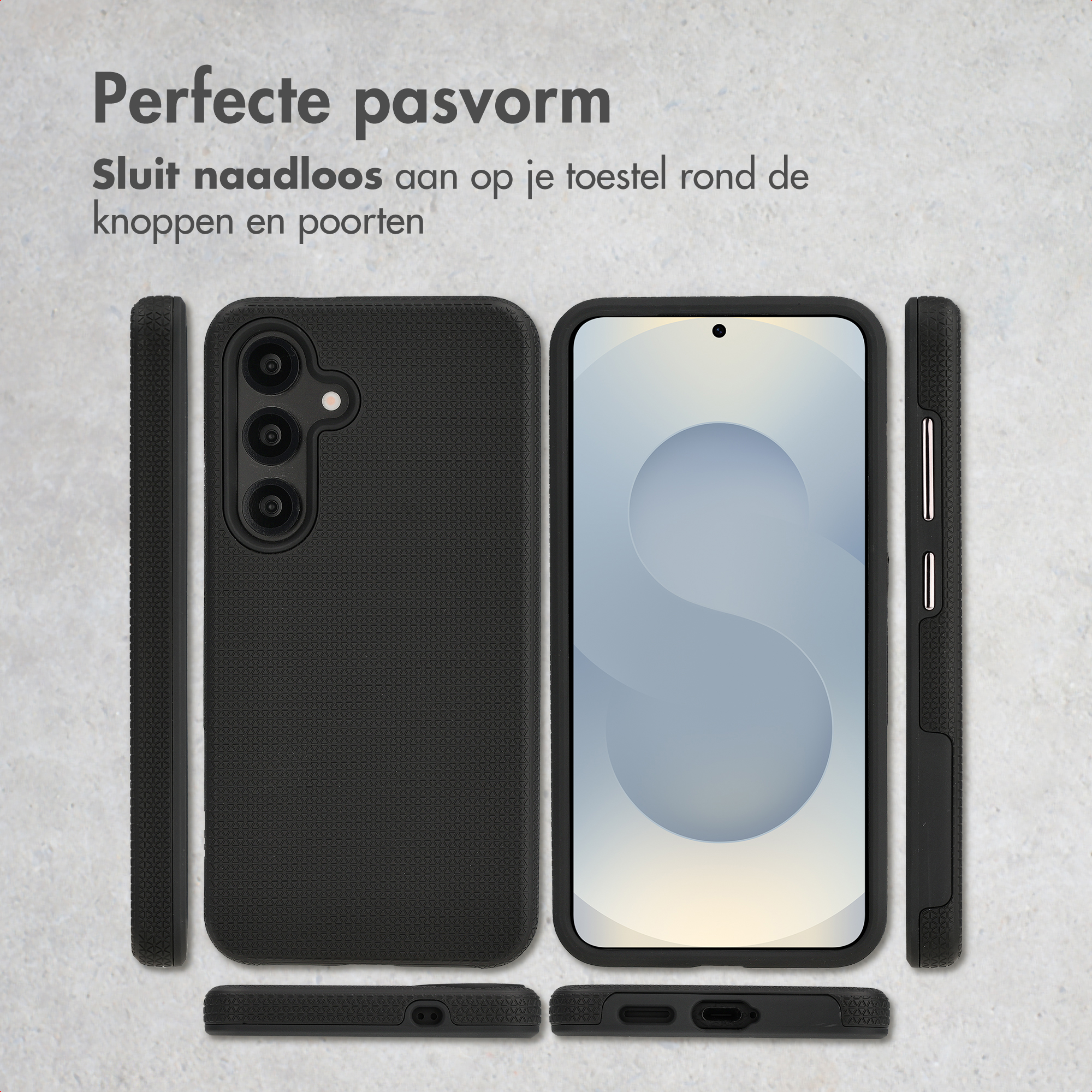 Custodia nera per telefono vista da tre angolazioni, con fotocamera, pulsanti e porte.