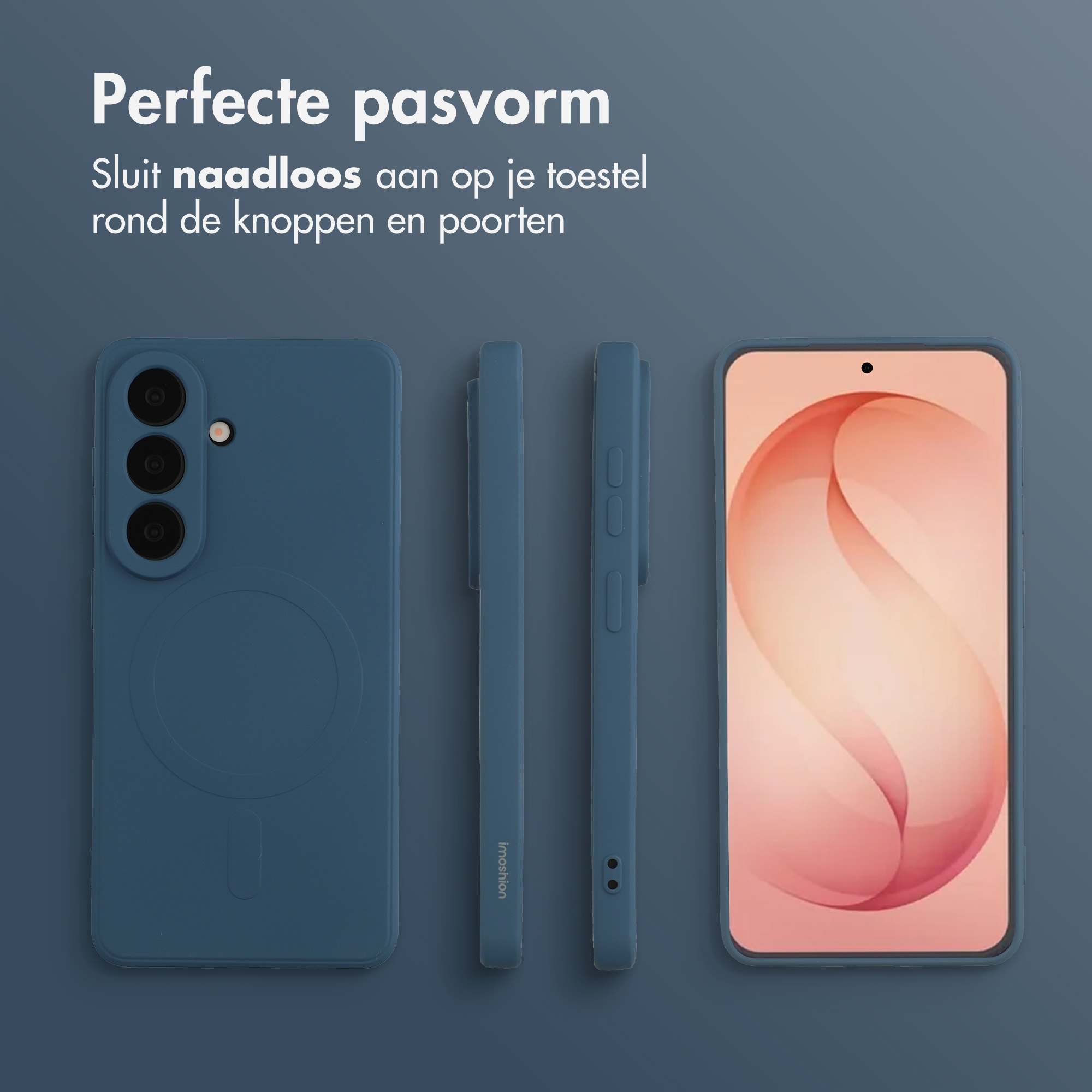 Blauw telefoonhoesje met camera's en scherm. Perfecte pasvorm.