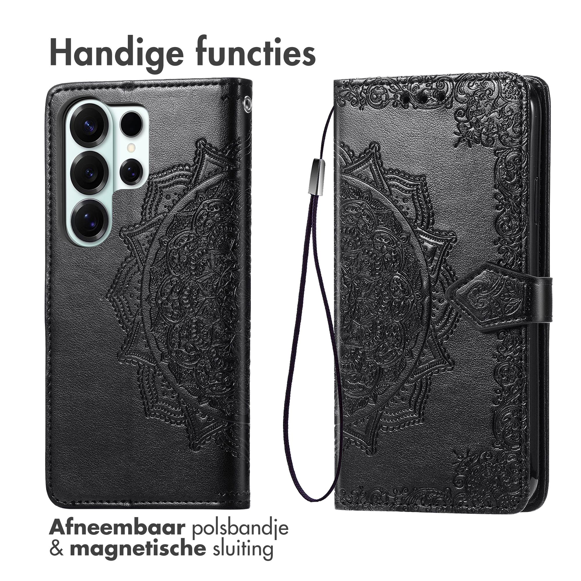 Zwarte telefoonhoes met reliëf mandala, afneembare polsband en magnetische sluiting.