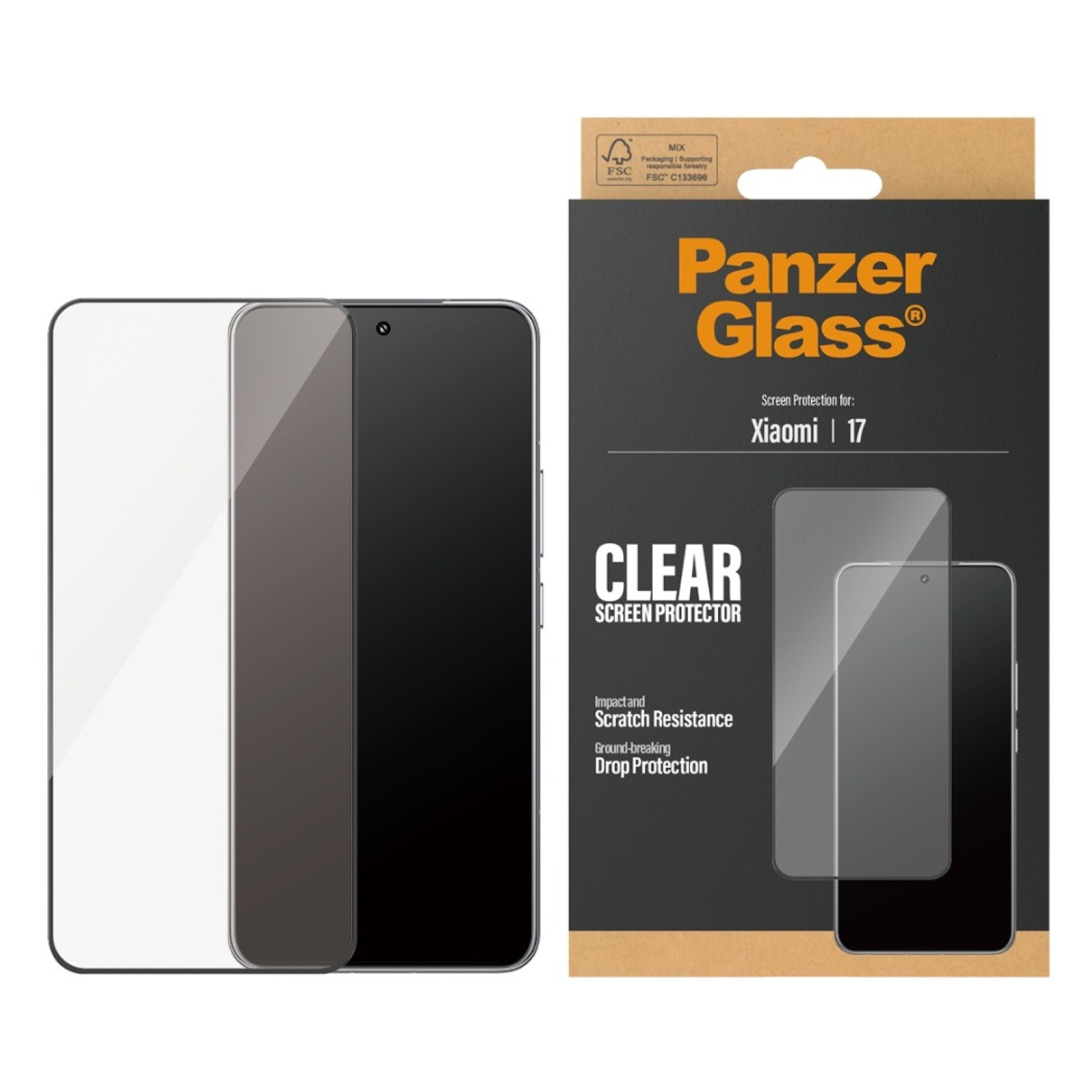 Panzer Glass screenprotector voor Xiaomi 17, helder, impact- en krasbestendig.