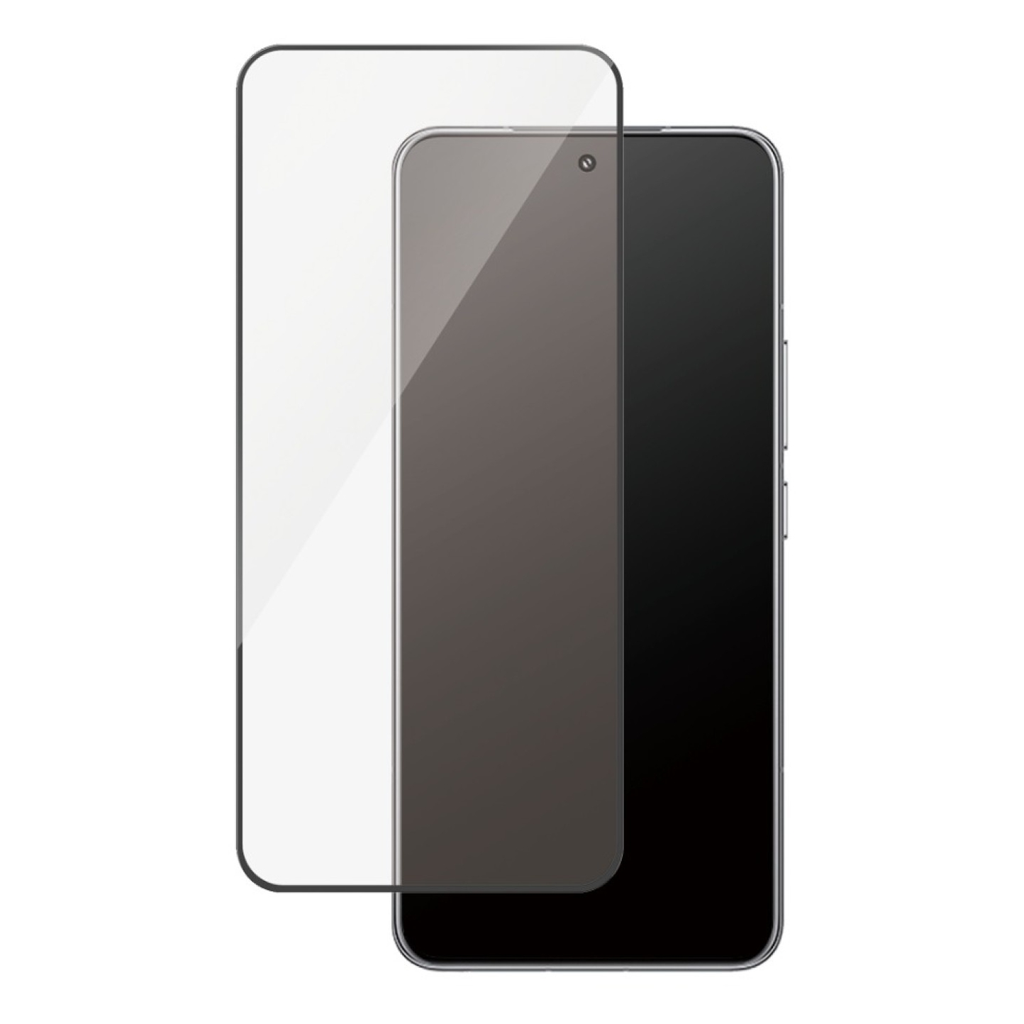 Een smartphone met een schermprotector, witte achtergrond.