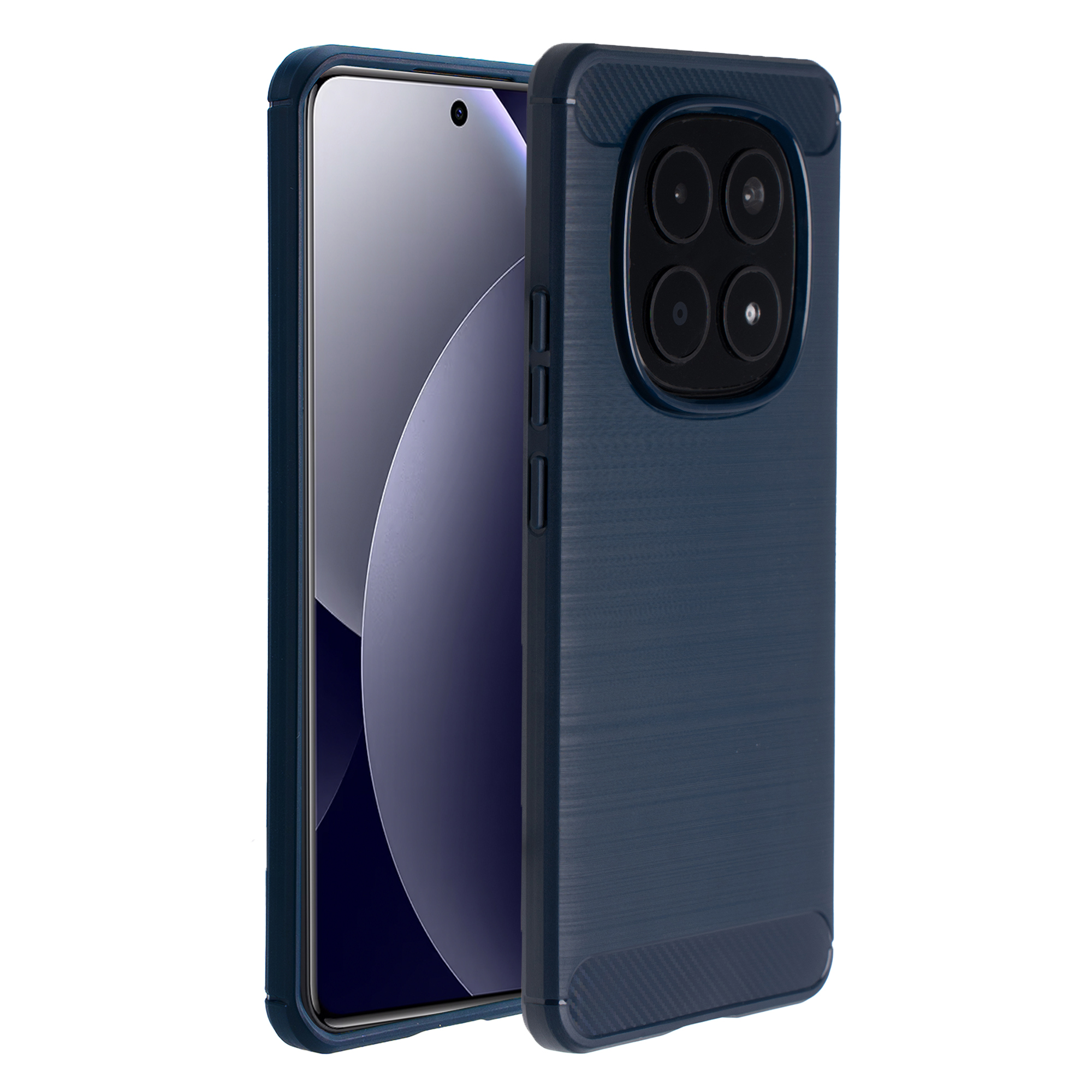 Un téléphone bleu avec un module caméra carré et un motif rayé.
