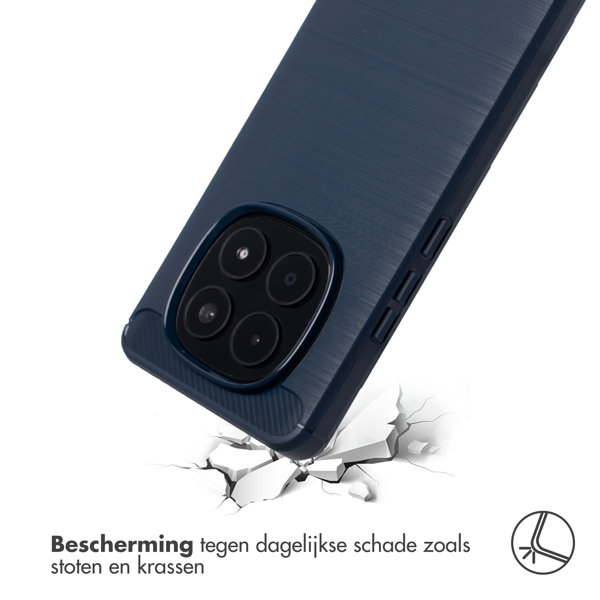 Coque de téléphone bleu foncé tombant sur une surface blanche fissurée.