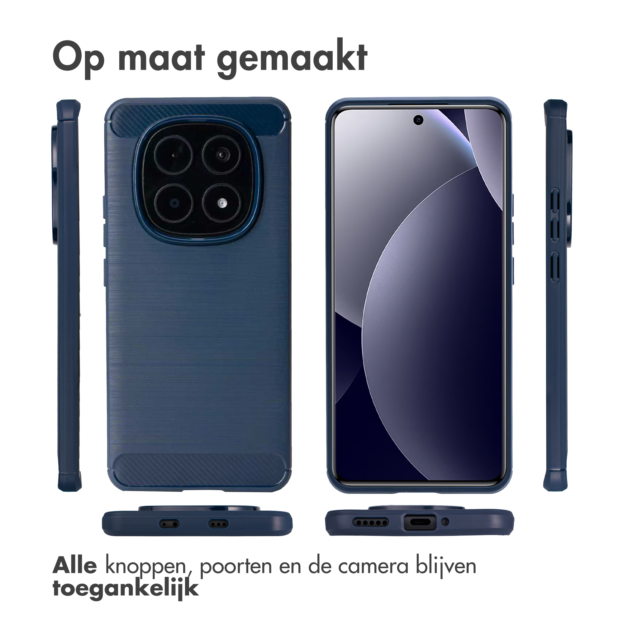 Trois vues d'une coque de téléphone bleu foncé et d'un smartphone. La coque est découpée pour les boutons.
