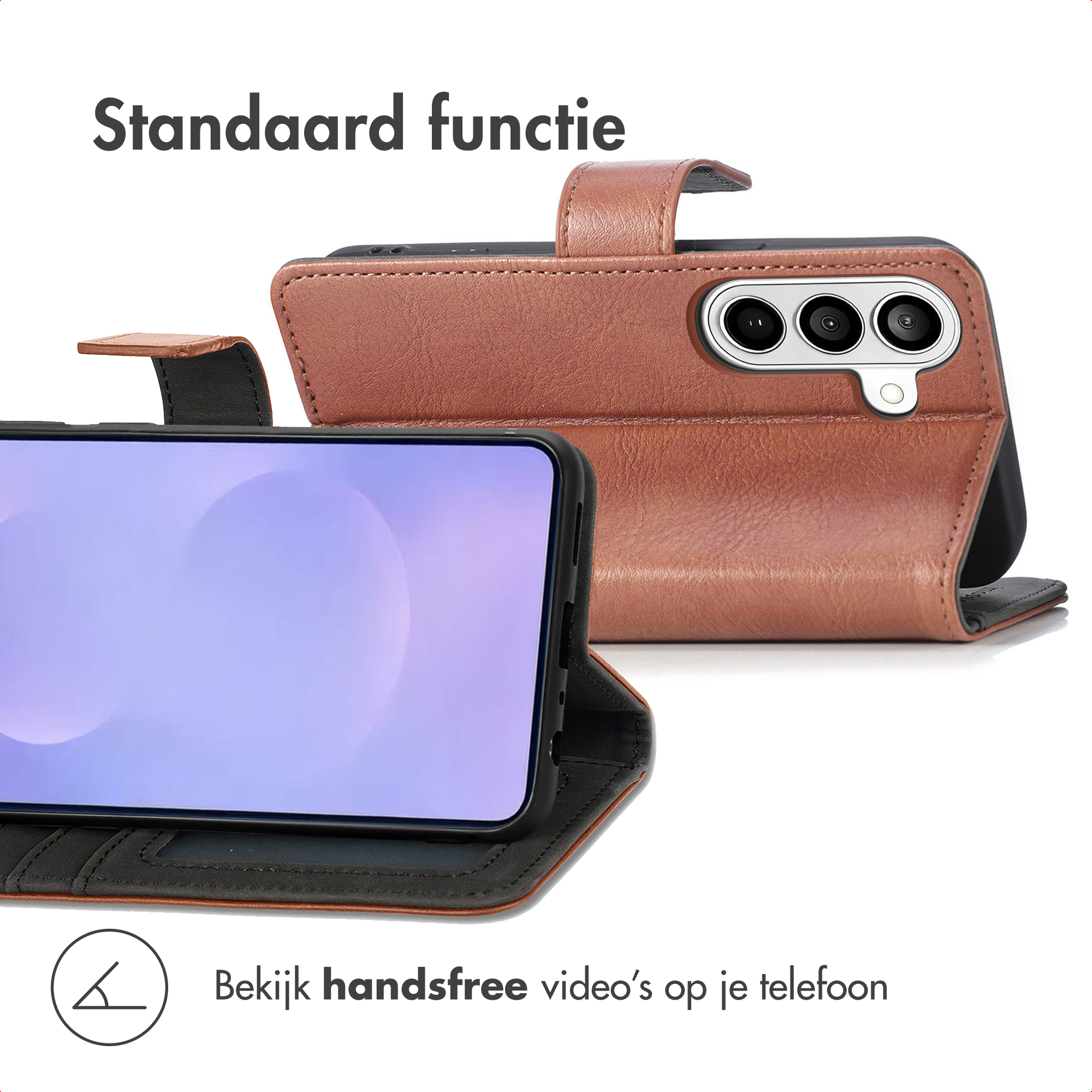 Bruine lederen telefoonhoes met standaardfunctie en camera-uitsparing.