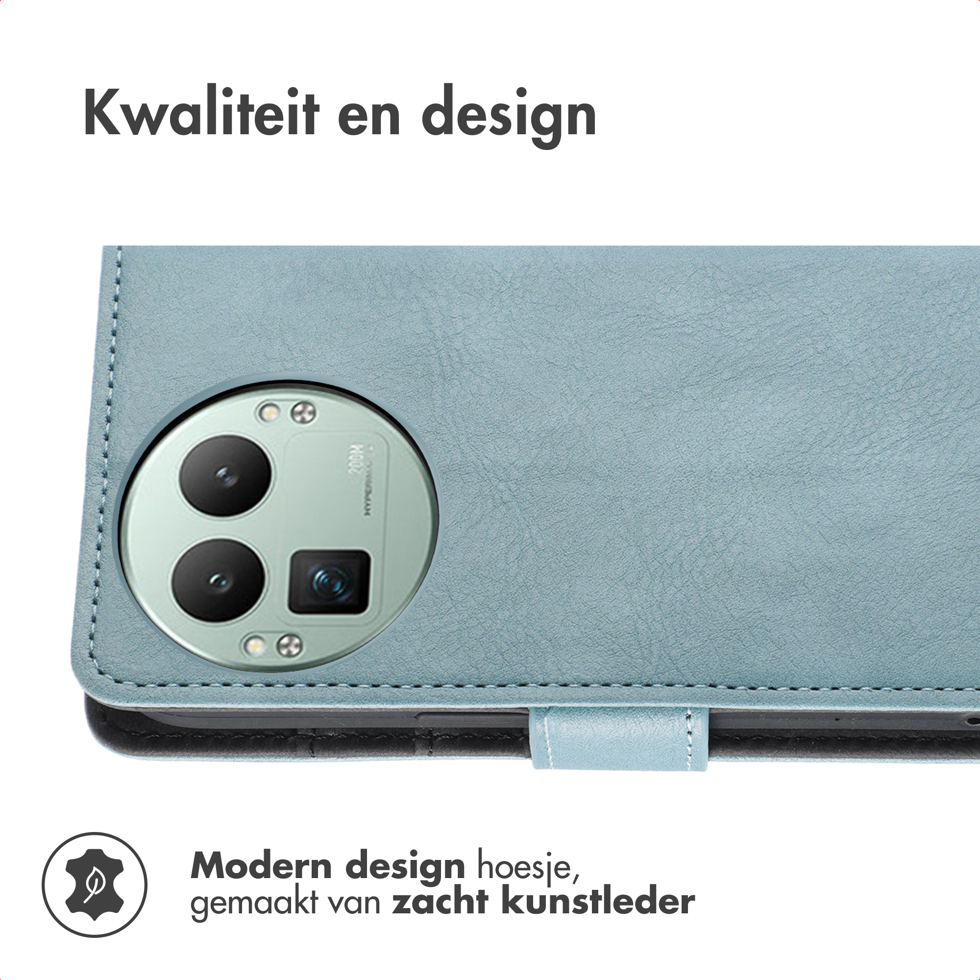 Lichtblauwe kunstleren telefoonhoes met camerauitsparing. Tekst: Kwaliteit en design.