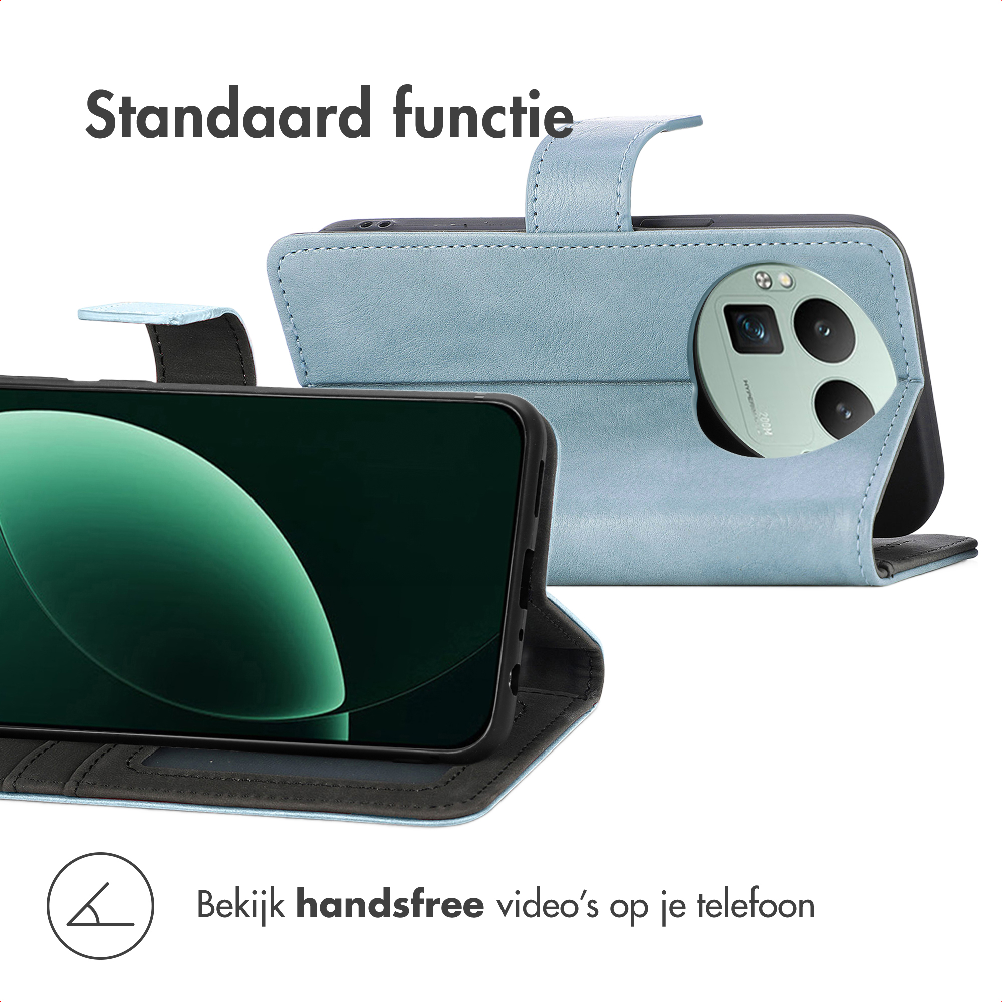 Een lichtblauwe telefoonhoes met standaardfunctie, met een smartphone met groene achtergrond.