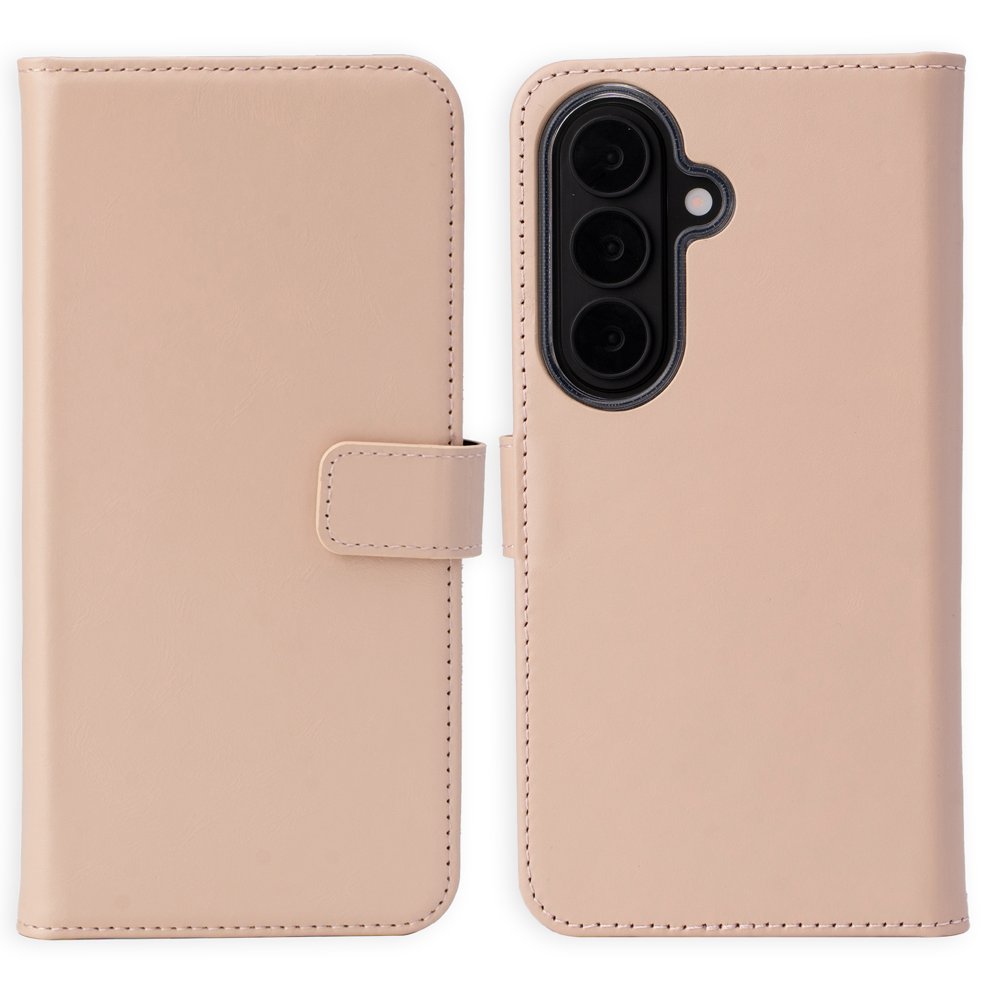 Een lichtbeige leren flip telefoonhoes met cameramodule.