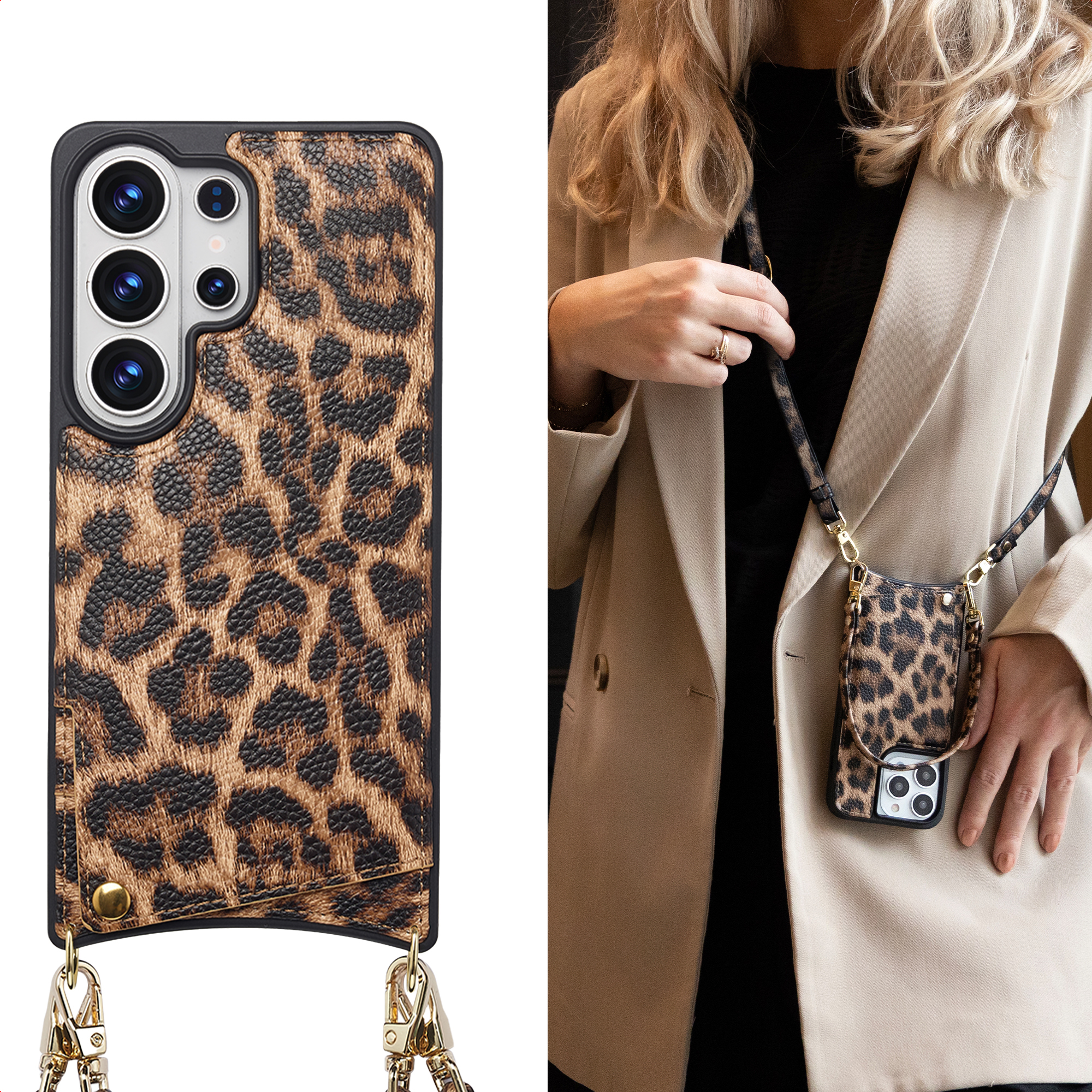 Leopardprint telefoonhoesje met gouden ketting, gedragen door een vrouw.