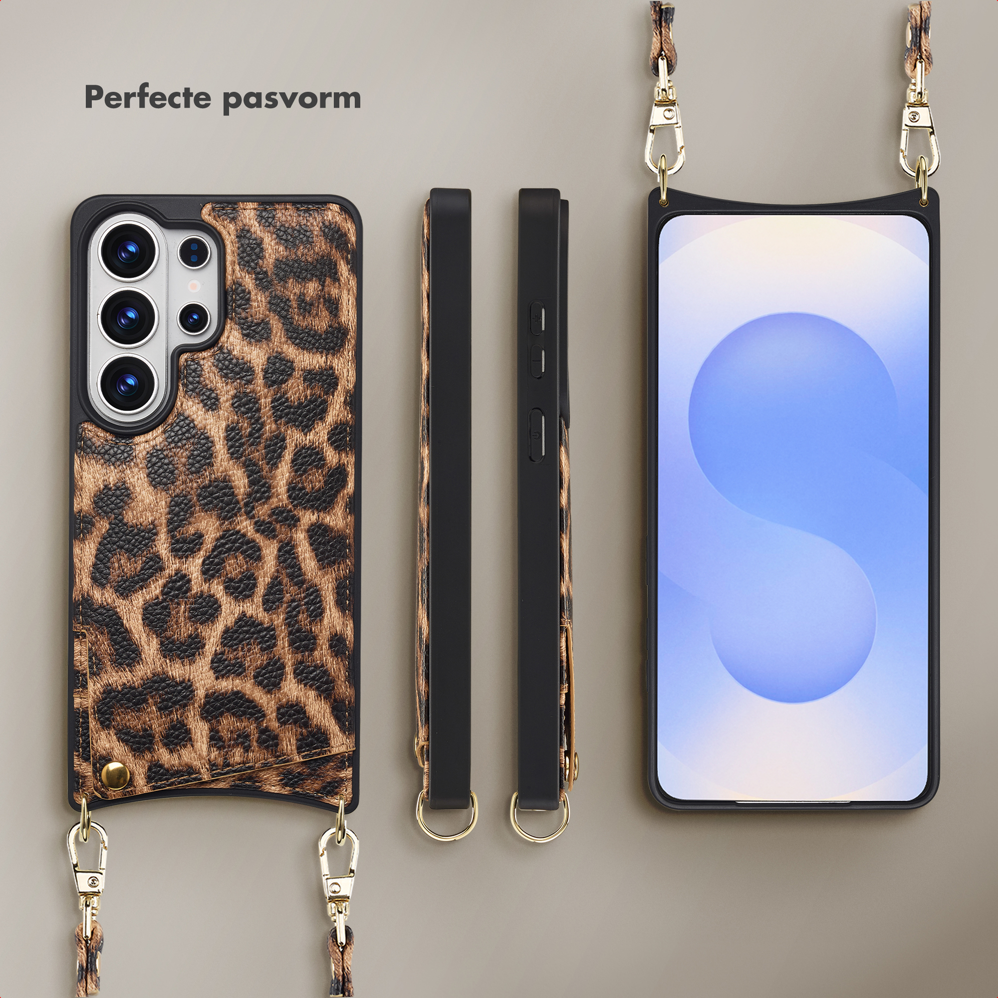 Leopardprint telefoonhoes met bandje, ernaast een telefoon.