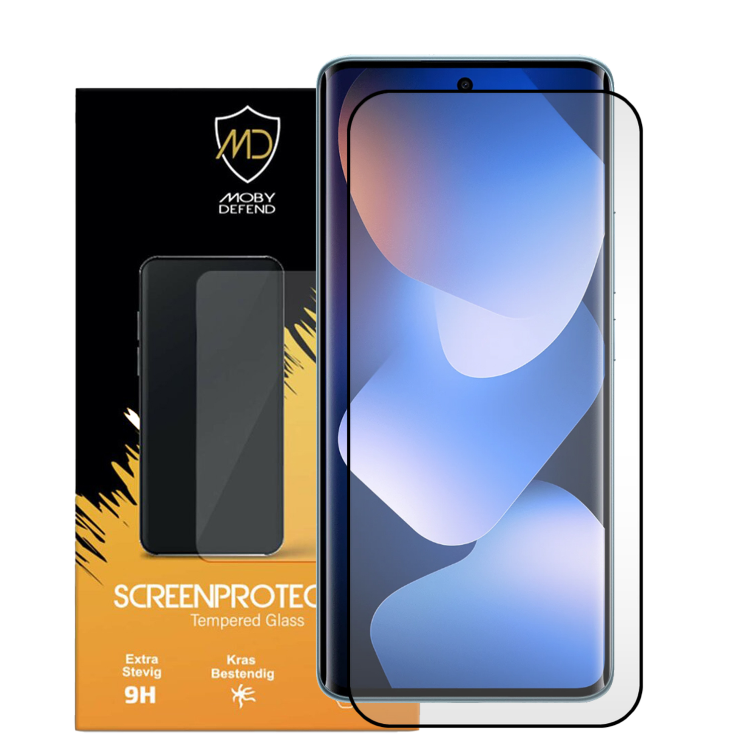 Verpakking met telefoon screenprotector en telefoon met blauwe achtergrond.