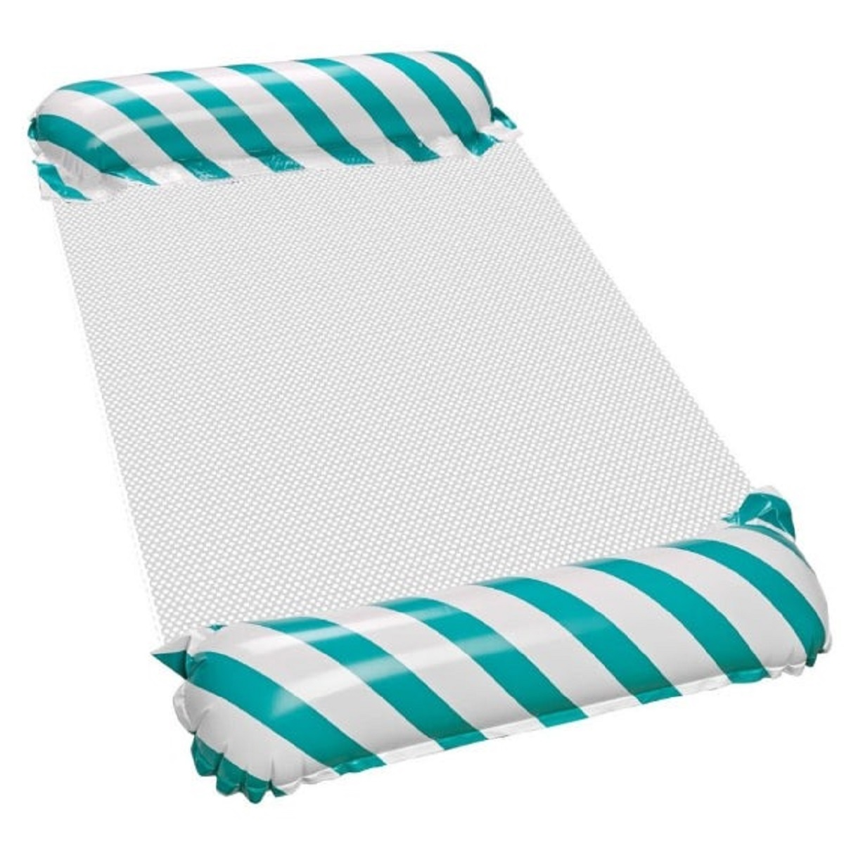 Flotador inflable para piscina con rayas azules y blancas y tejido de malla.