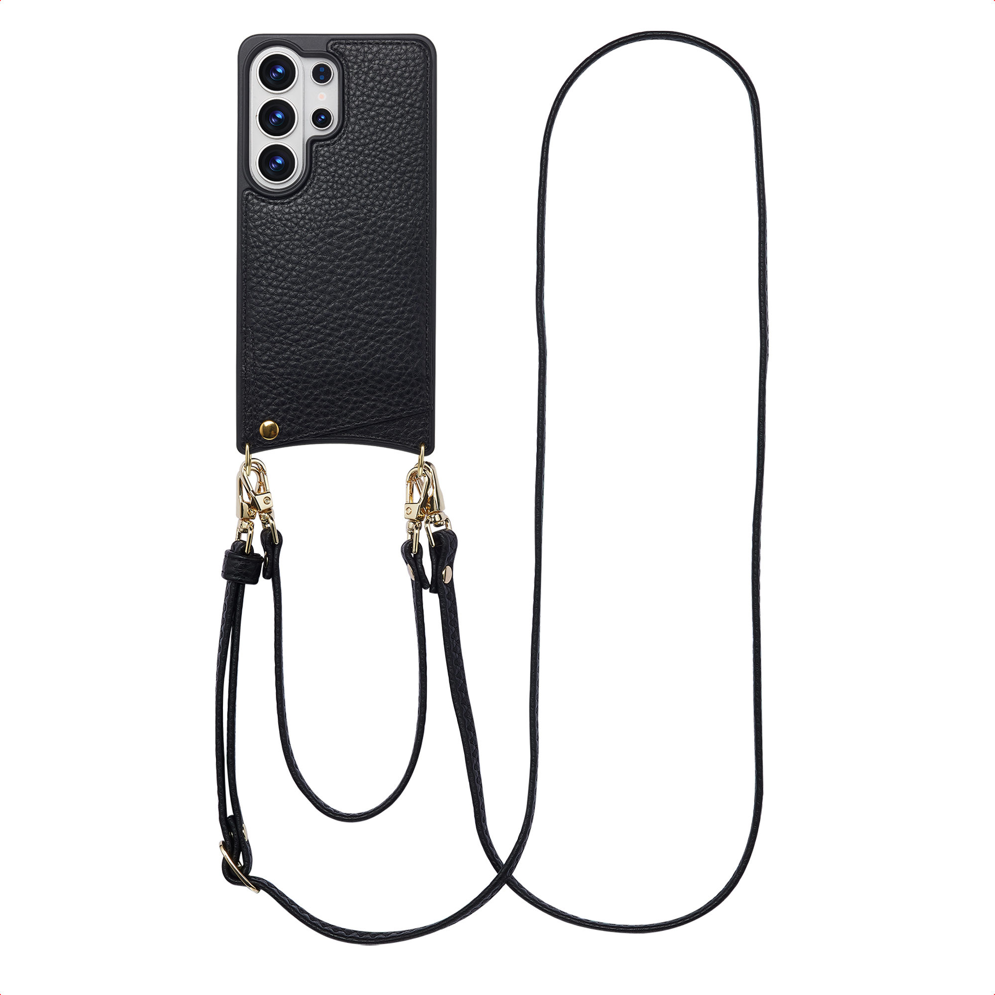 Zwarte leren telefoonhoes met camera's en draagband.