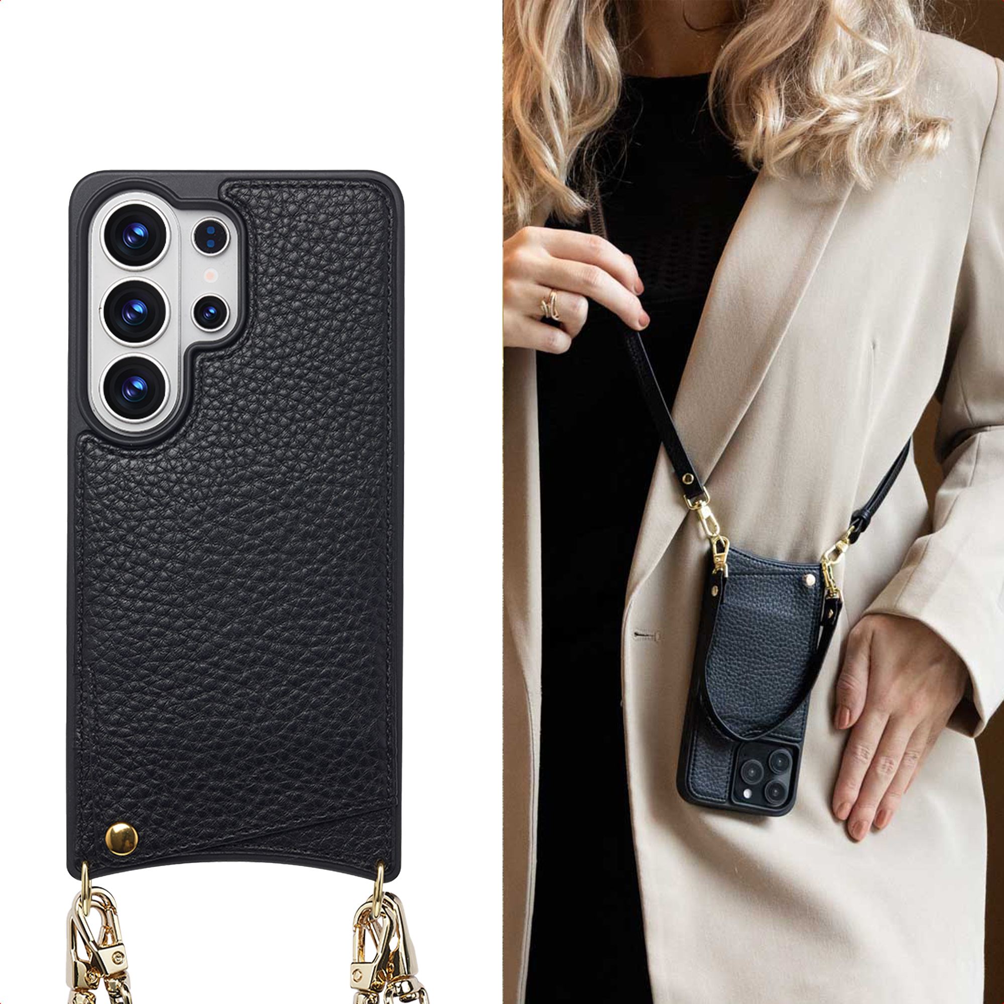 Zwarte lederen telefoonhoes met cameramodule en gouden hardware.