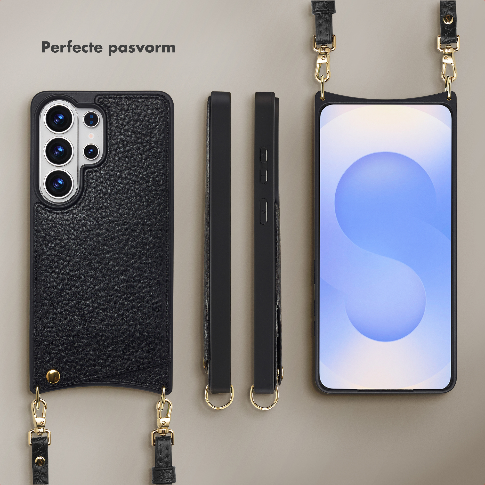 Zwarte telefoonhoes en telefoon met riem, gouden hardware.