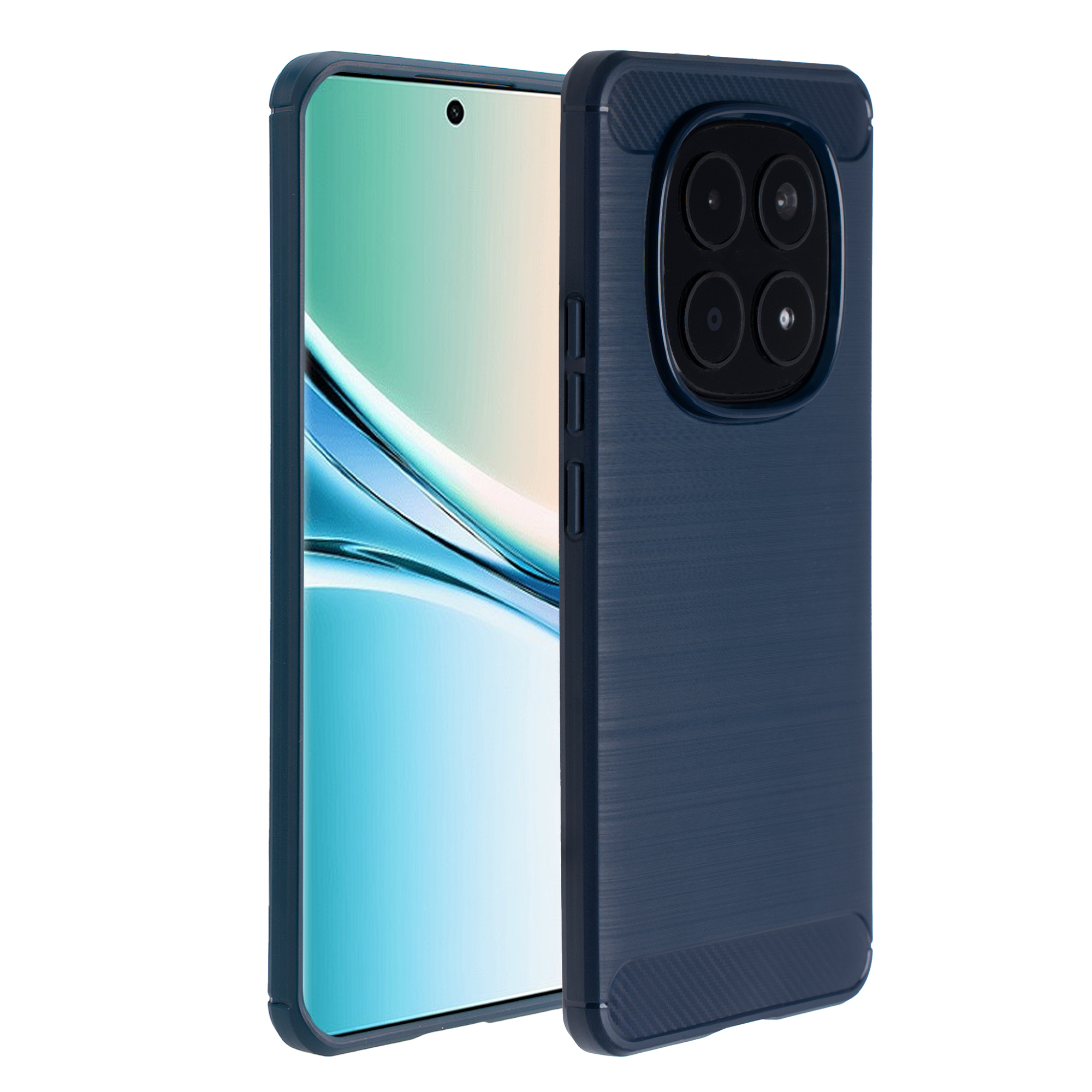 Téléphone bleu foncé avec quadruple appareil photo et écran bleu.