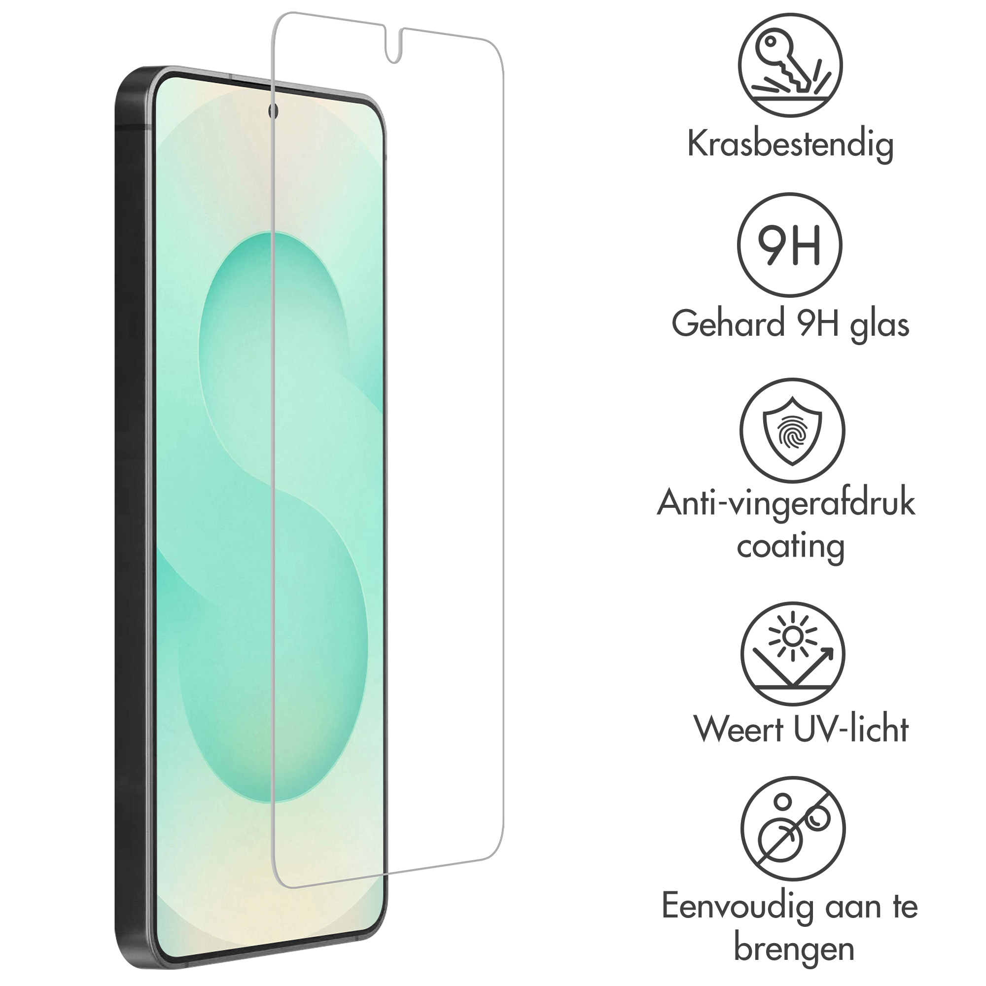 Een screenprotector voor smartphone met iconen krasbestendig, 9H hardheid, anti-vingerafdruk.