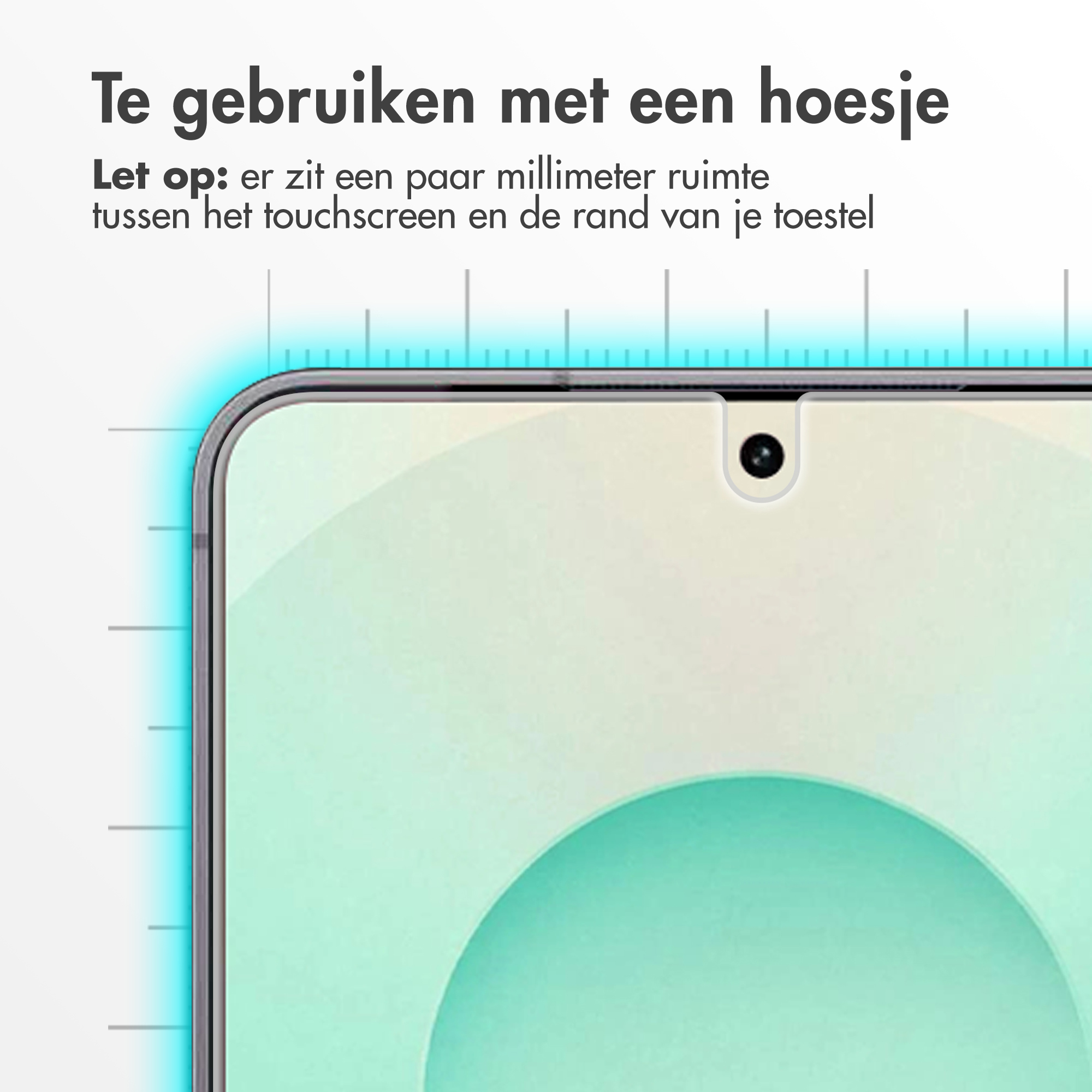 Close-up van een smartphone met tekst, die aangeeft dat deze met hoesje te gebruiken is.