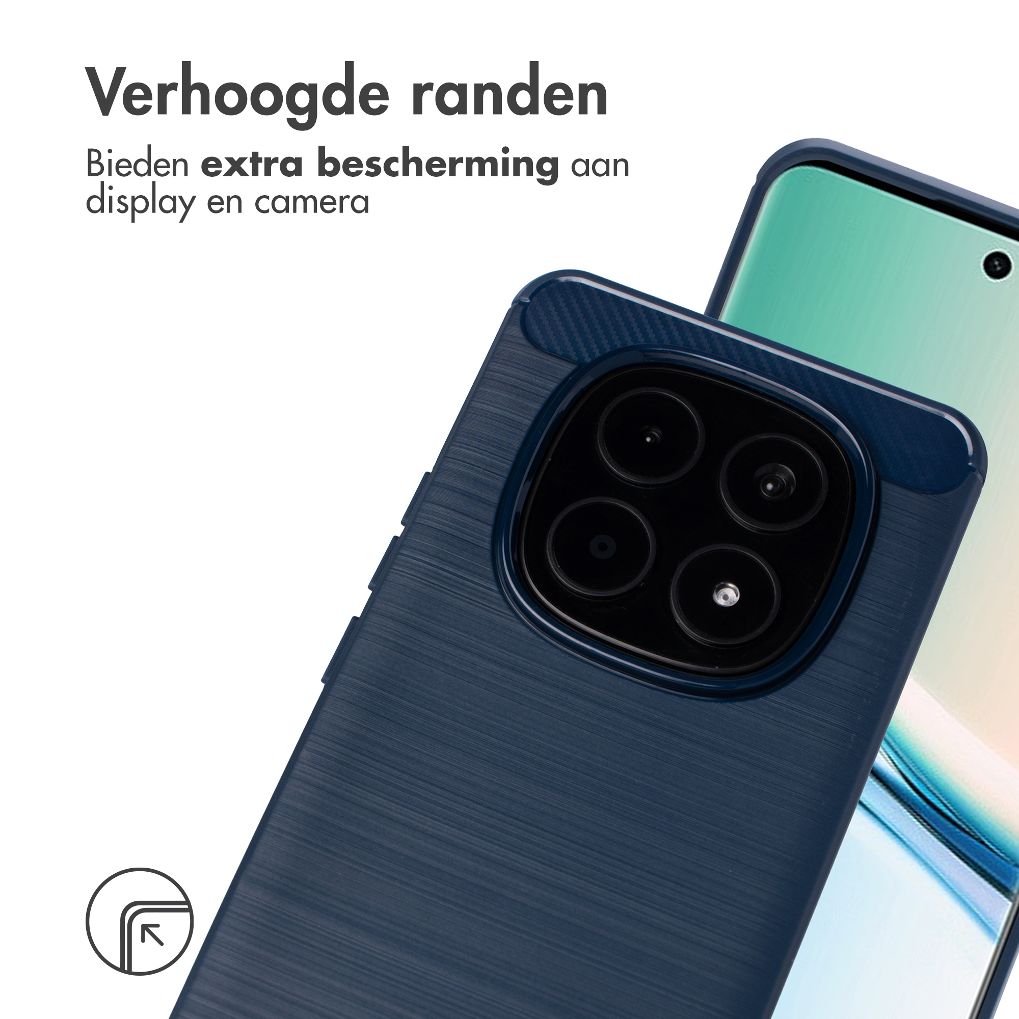 Coque de téléphone bleu foncé avec découpe caméra et texte.