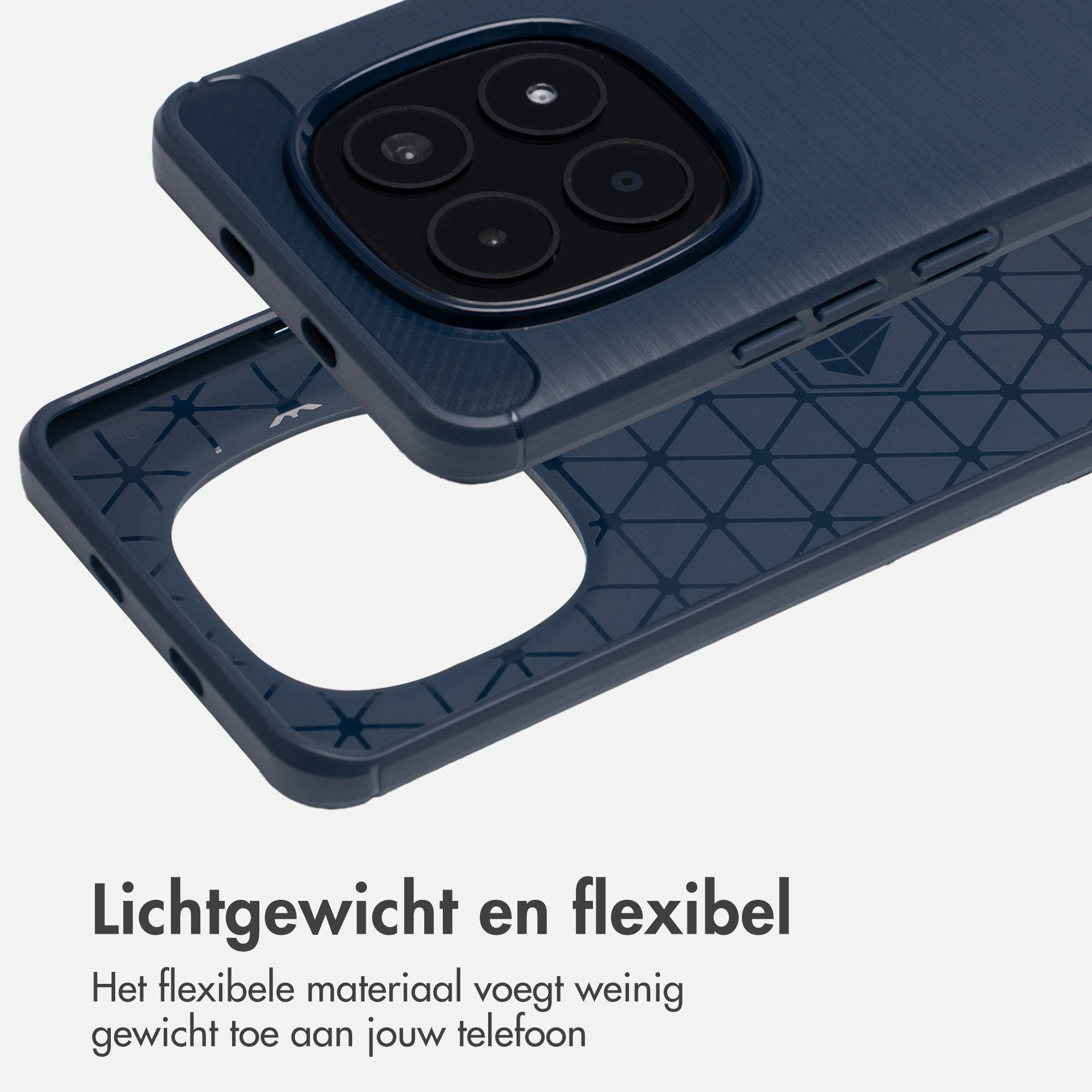 Coque de téléphone bleu foncé avec protection caméra et motif nid d'abeille.