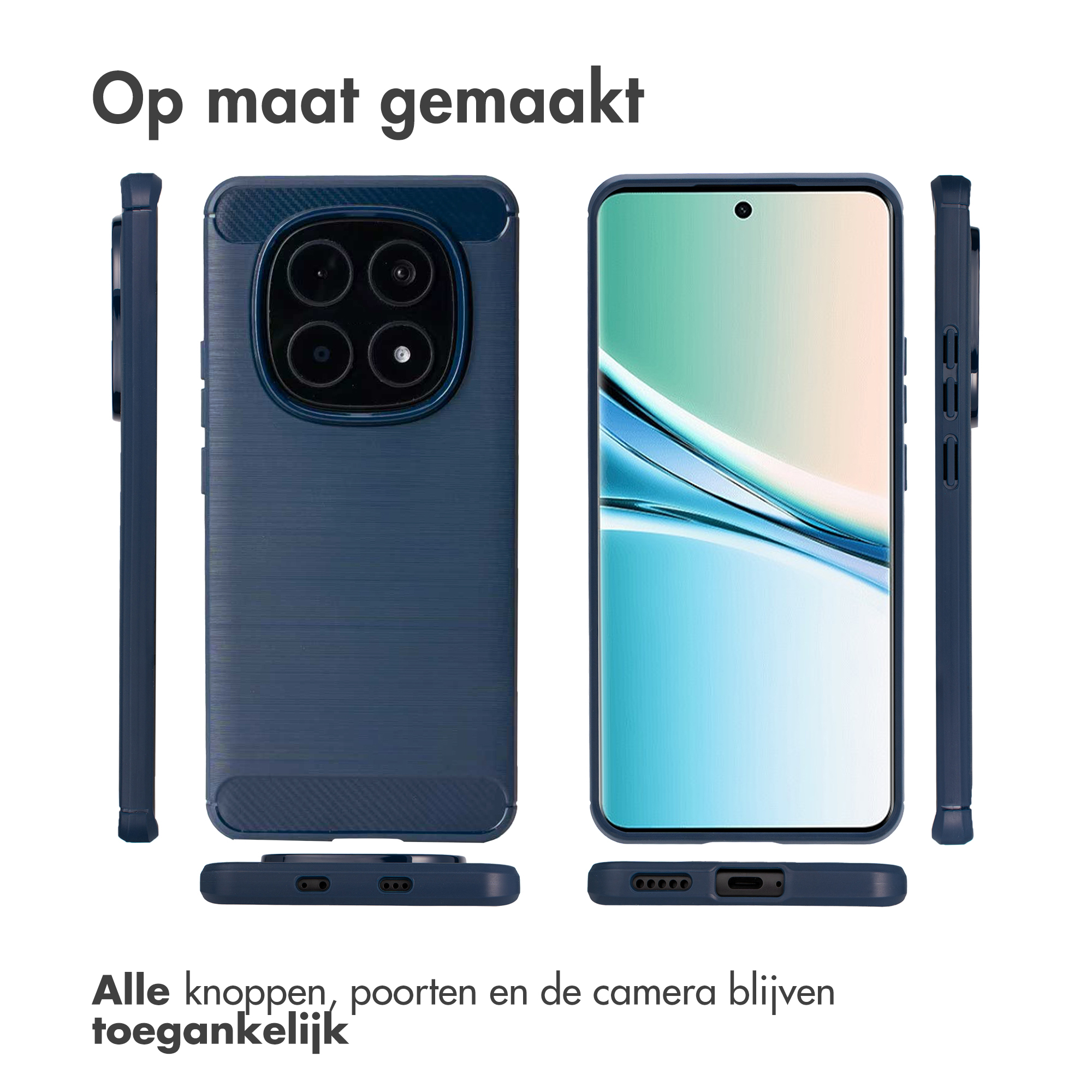 Trois vues d'une coque de téléphone bleu foncé montrant la zone de l'appareil photo et les découpes.