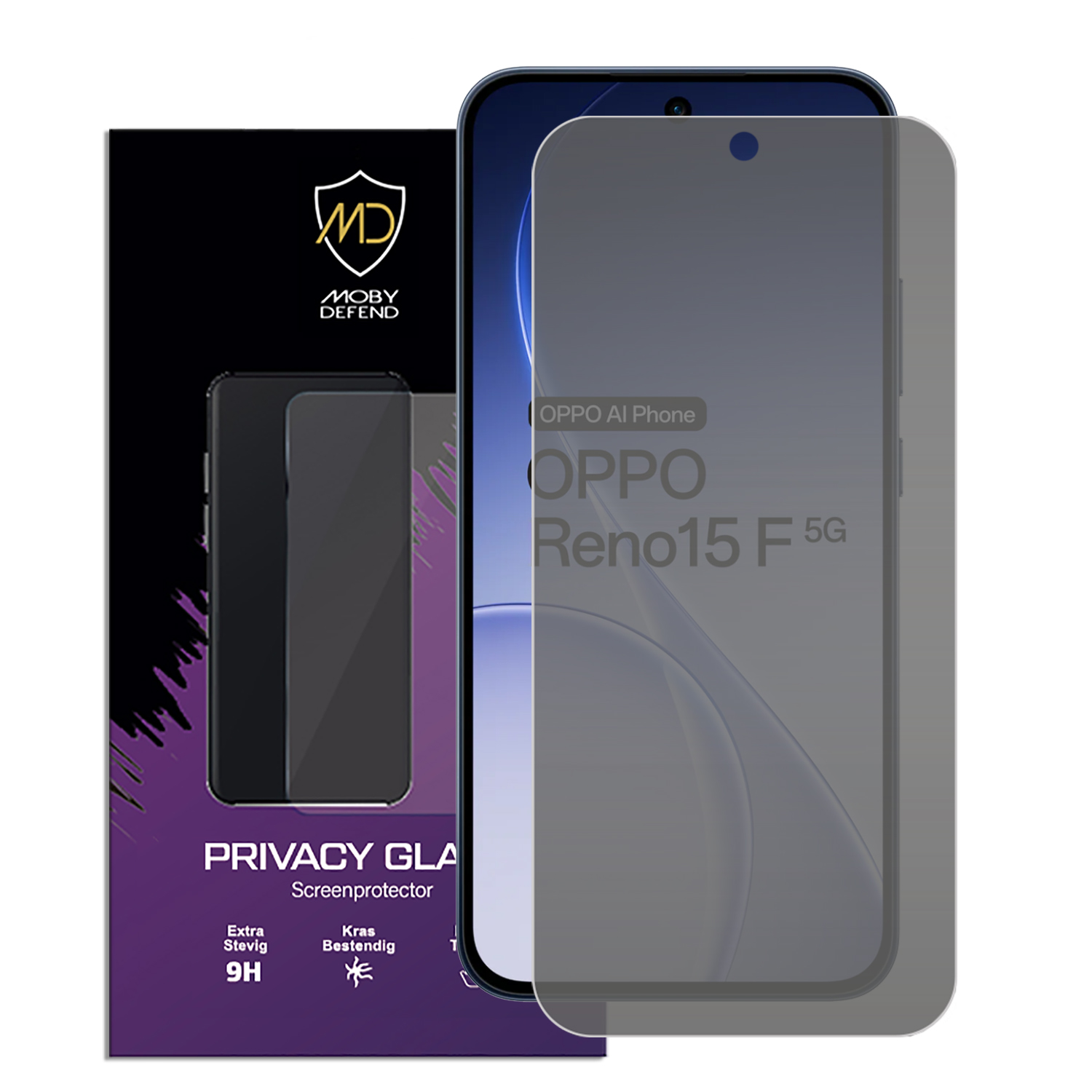 Emballage avec téléphone OPPO Reno15 5G et protecteur d'écran de confidentialité.