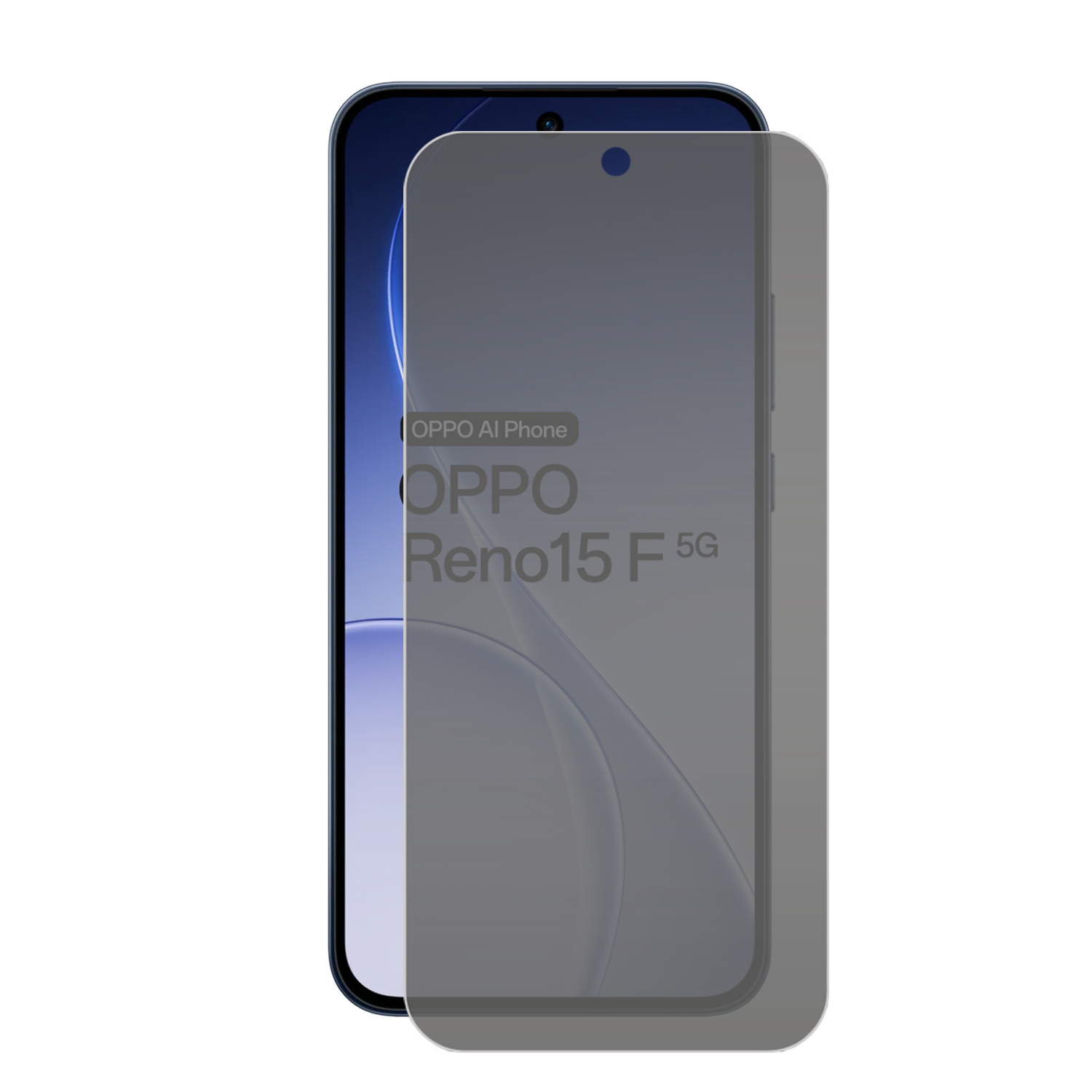 Un protecteur d'écran de confidentialité gris sur un smartphone OPPO Reno15 5G noir.