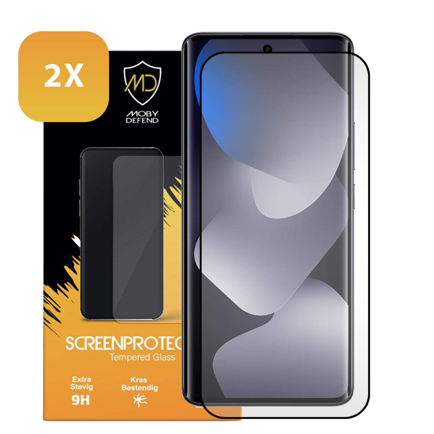 Een 2x verpakking screenprotectors voor een telefoon op zwarte verpakking.