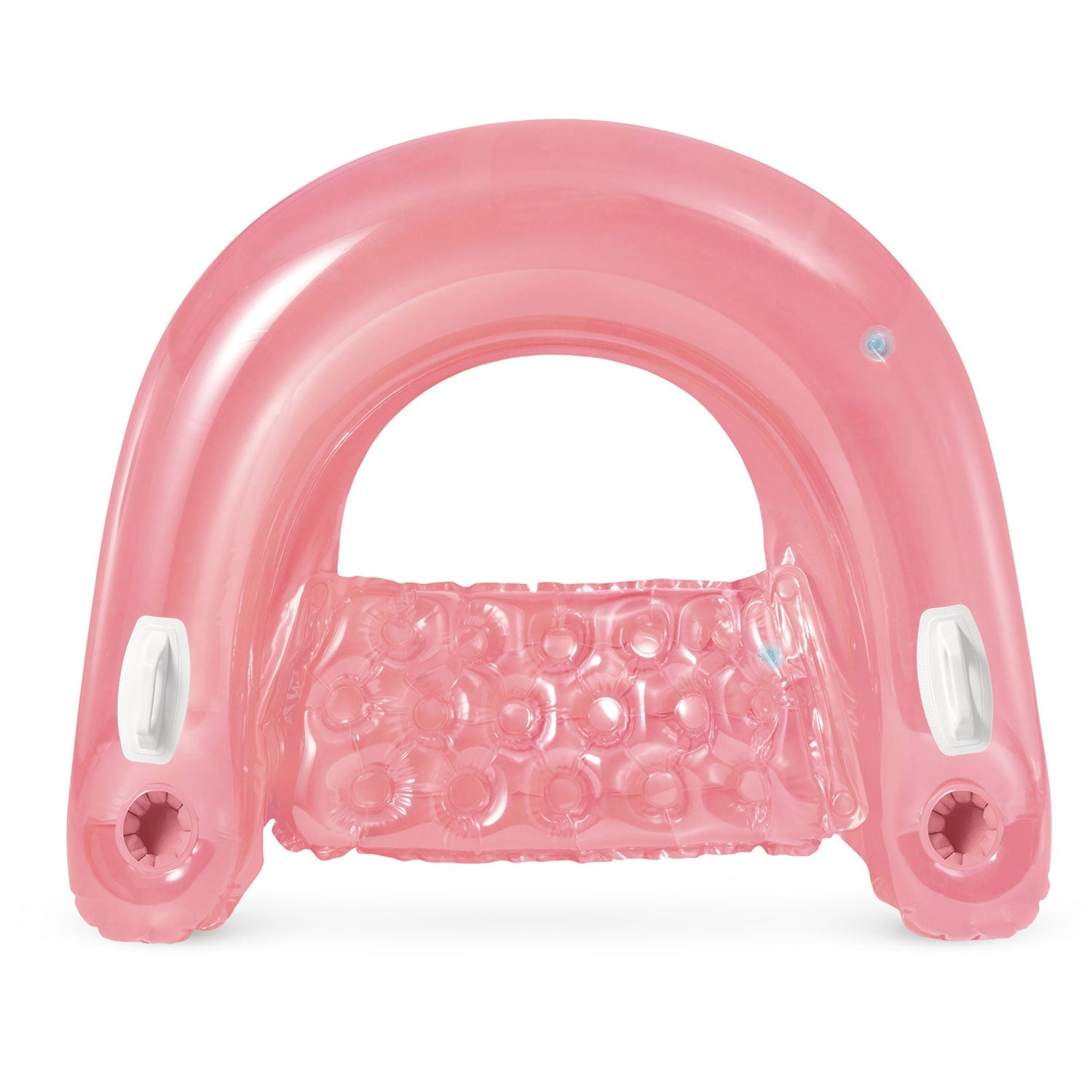 Un flotador inflable rosa transparente para piscina con portavasos y asas.